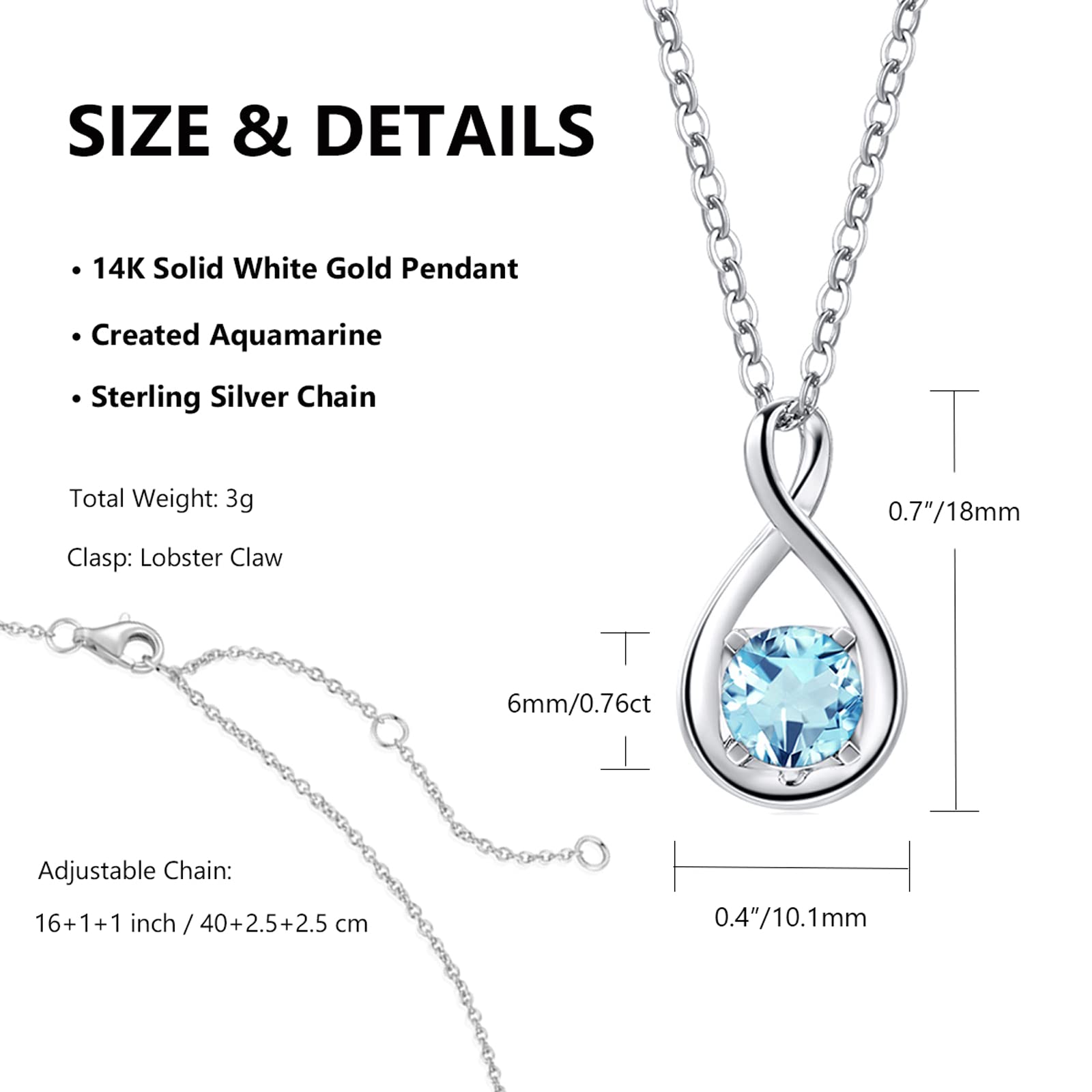 14K Solid White Gold Birthstone Pendant with Sterling Silver Chain - Infinity Gemstone Necklace for Women | Fine Jewelry Gift for Anniversary, Birthday, Christmas | Perfect for Weddings, Date Nights & Special Occasions