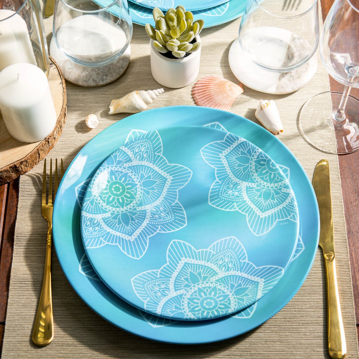 12-Piece La La Mandala Melamine Dinnerware Set - Ombre Blue Plates & Bowls for Outdoor Picnics, Parties, and Durable Everyday Use