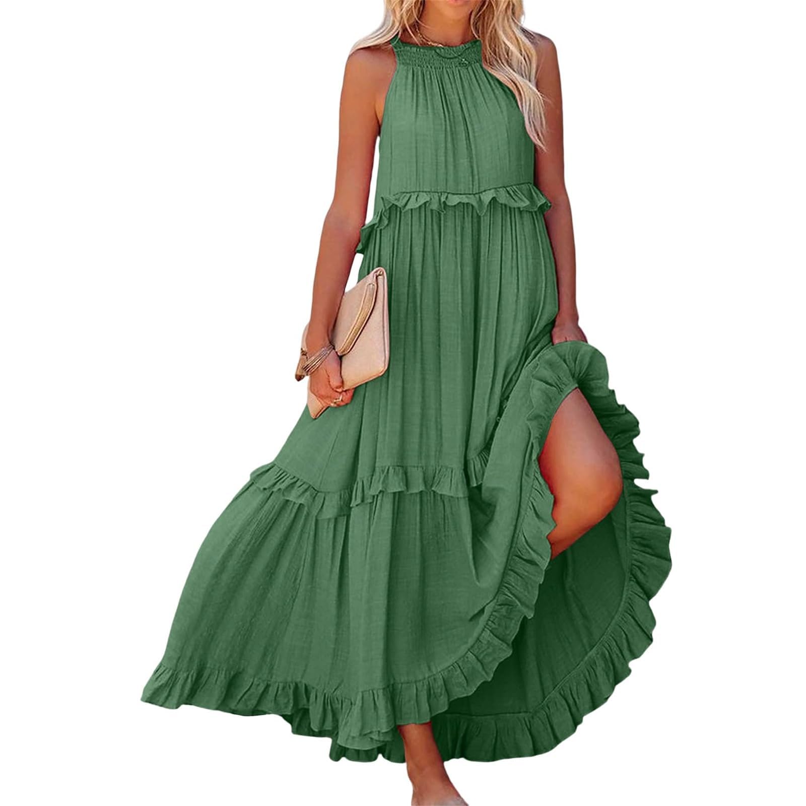 Women's Halter Smocked Tiered Maxi Dress - Flowy Swing Summer Cocktail & Wedding Guest Dress with Pockets | Perfect for Beach Vacations, Garden Parties & Formal Events