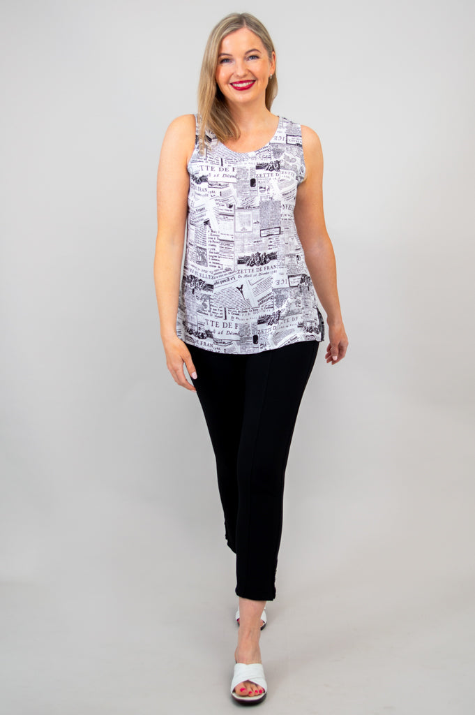 Dena Tank Top for Women - French News Print Linen Bamboo Blend - Perfect for Casual Wear, Summer Outfits, and Beach Vacations