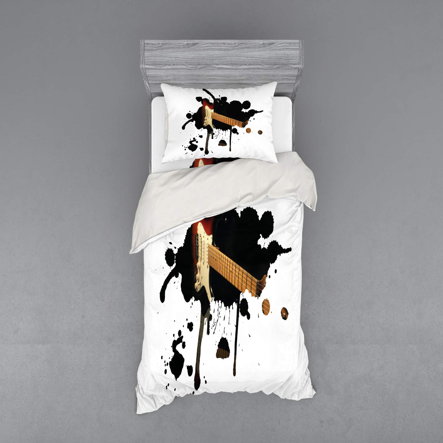 Ambesonne Popstar Party Bedding Set - Electric Guitar Fretboard Design on Black Grunge Color Splash Art - 3 Piece Duvet Cover Set with Pillow Sham & Fitted Sheet - Twin XL Size in Black, Pale Brown & Cream - Perfect for Music Lovers' Bedroom Decor & Teen Rock Theme Rooms