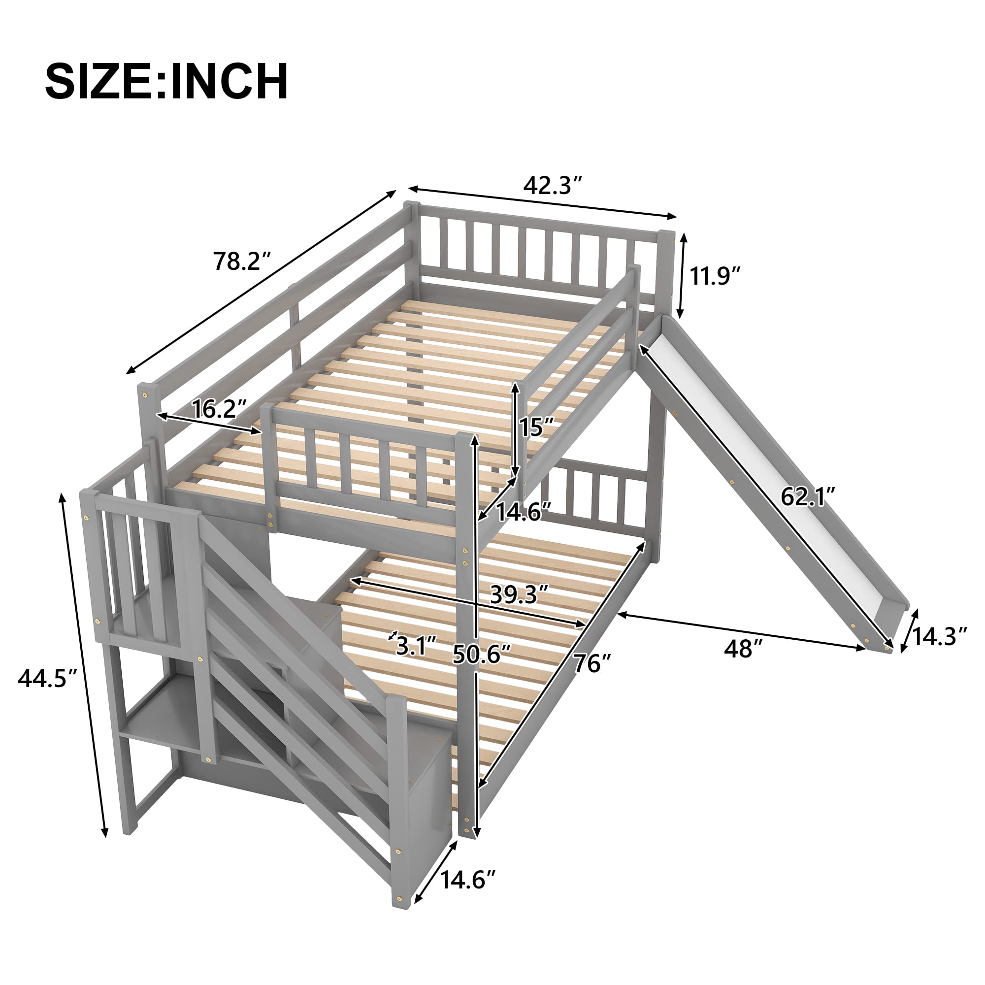SOFTSEA Twin Over Twin Low Bunk Bed with Stairs and Slide - Kids & Teens Space-Saving Bedroom Furniture for Small Rooms, Dorms, and Sleepovers - Sturdy Wooden Loft Bed with Safety Rails