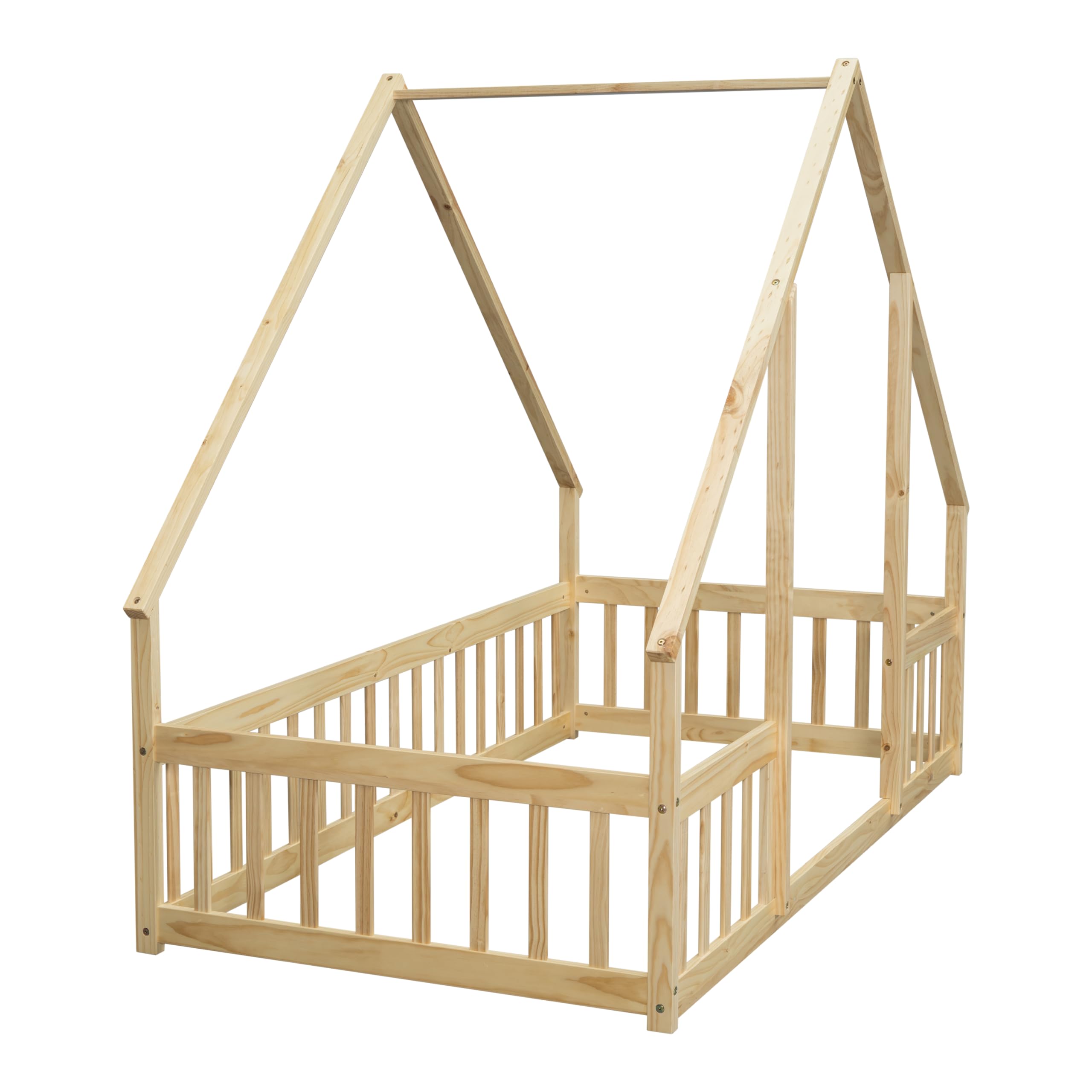 Bellemave Twin Size Wooden House Floor Bed Frame for Kids - Montessori Style with Safety Fence & Playhouse Design - Perfect for Boys & Girls Bedroom, Playroom or Montessori Classroom