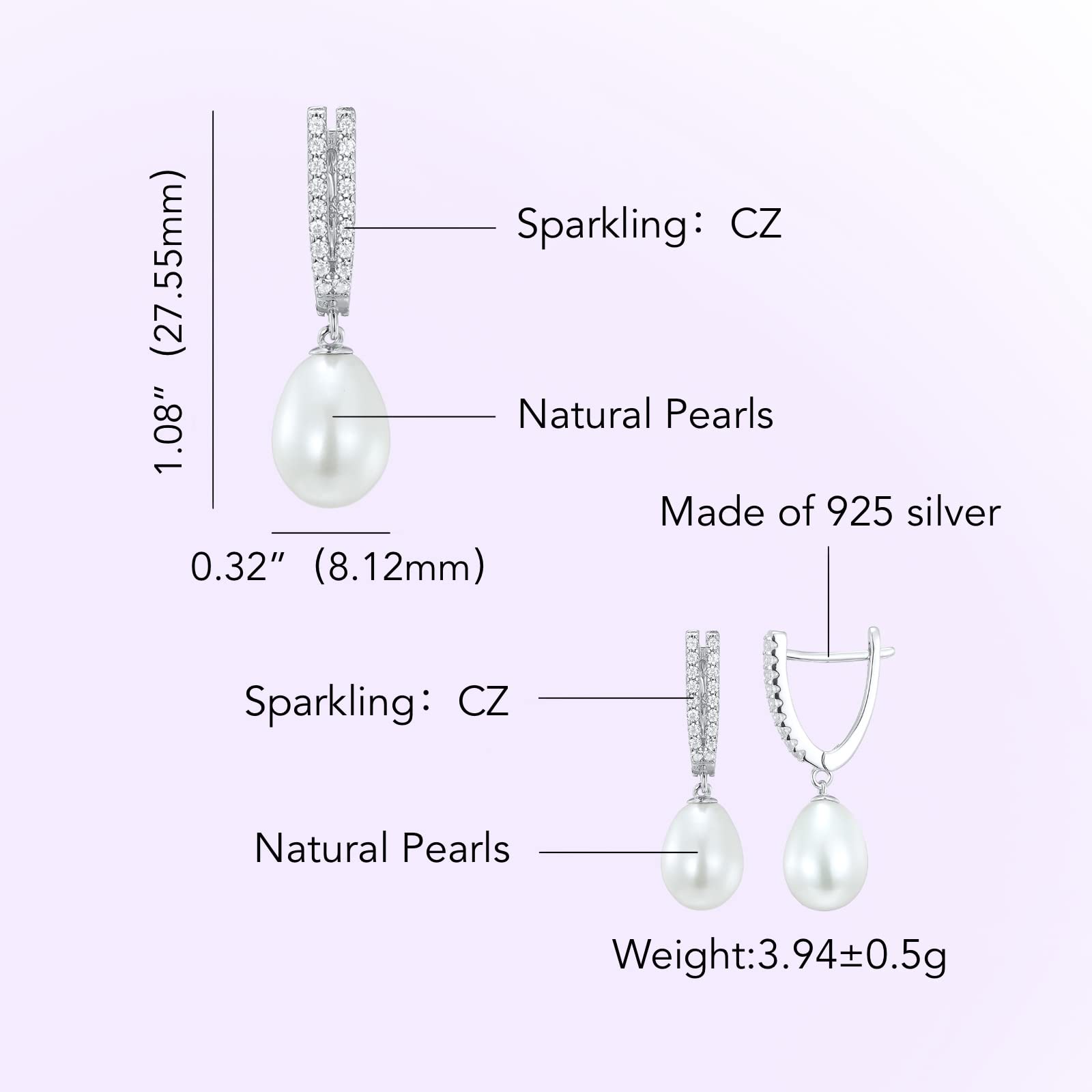 Jupiter Natural Pearl Silver Earrings - 925 Sterling Silver Genuine Pearl Stud Earrings for Women, Cubic Zirconia Drop Earrings Jewelry | Perfect for Weddings, Parties & Everyday Elegance