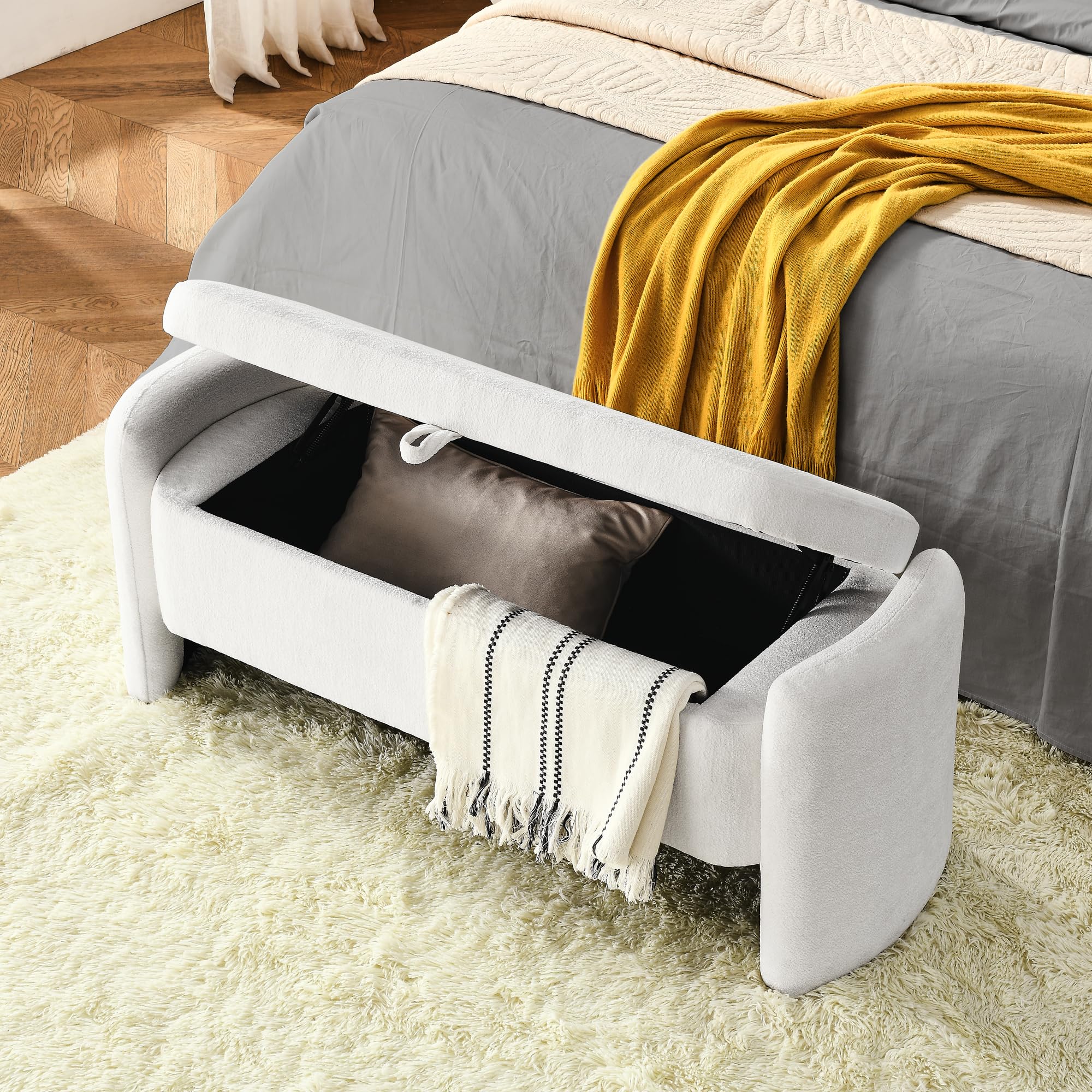 Oval Upholstered Storage Ottoman with Large Capacity - Chenille Fabric Bench for Living Room, Bedroom & Entryway - Cream White Storage Seat for Home Organization & Extra Seating
