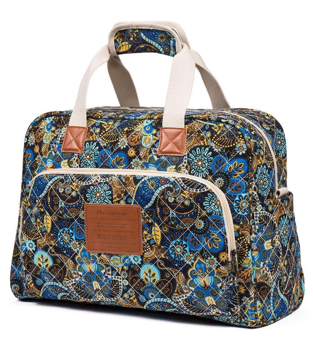 Malirona Women's Canvas Weekender Overnight Bag - Floral Print Travel Duffel Carry On Luggage (Black Flower Design) for Weekend Getaways, Gym, Business Trips & Airplane Travel