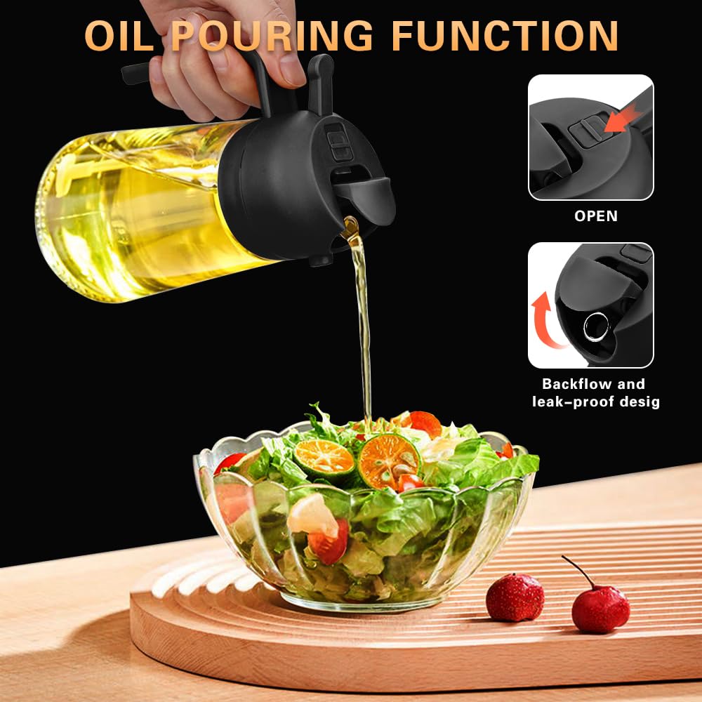 MGahyi 2-in-1 Glass Oil Sprayer & Dispenser - 470ml Kitchen Essential for Healthy Cooking | Perfect for Salad Dressing, Baking, Frying & Grilling | BPA-Free, Leak-Proof & Easy to Use (Black)