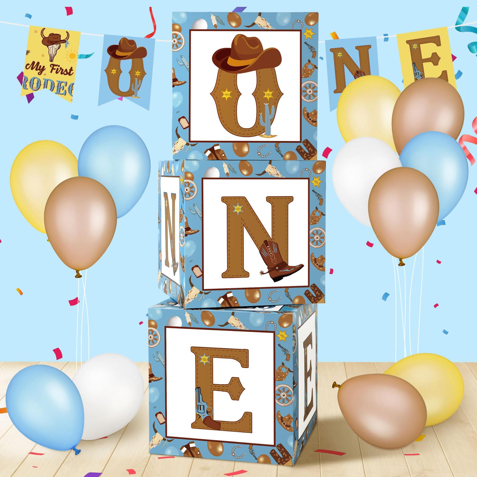 Honoson 3-Piece My First Rodeo Balloon Box Set with ONE Letters - 1st Birthday Party Decorations for Boys & Girls, Cake Smash Backdrop, Baby Shower Photo Props - Perfect for Western-Themed Birthday Parties, Cowboy Decor, and Nursery Photo Shoots