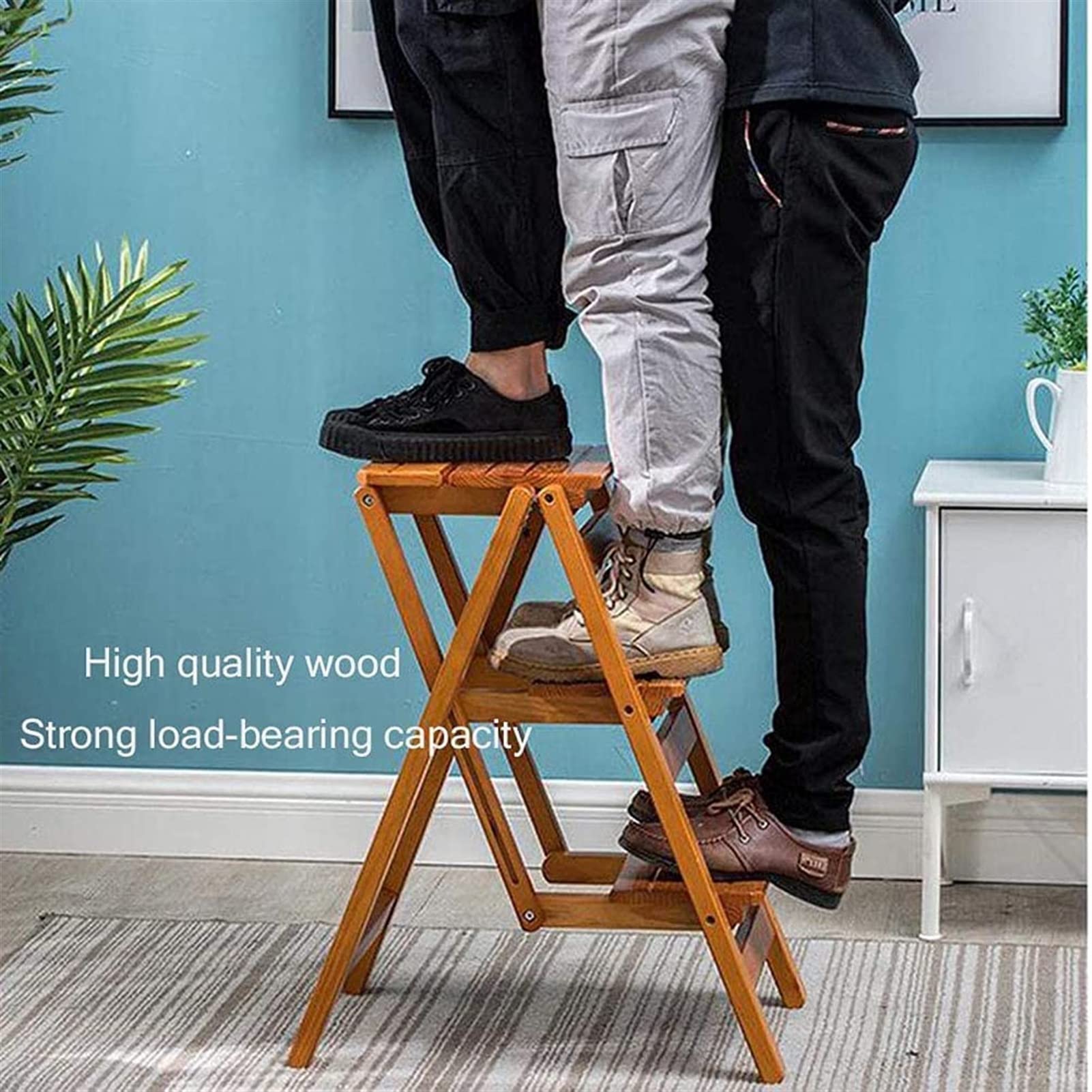 Foldable Wooden Step Stool for Kitchen - Non-Slip Portable Ladder Stool with Anti-Skid Foot Cover - Multifunctional Indoor Climbing Stool for Home, Bathroom, and Garage Use