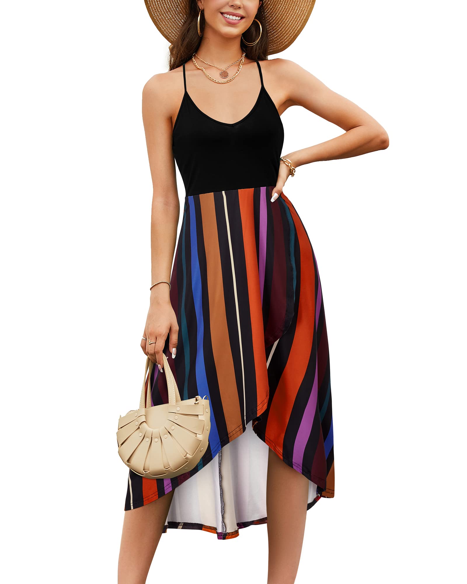 KILIG Women's V Neck Sleeveless Floral Maxi Dress - Asymmetrical Patchwork Summer Sundress for Casual Wear, Beach Vacation & Outdoor Parties