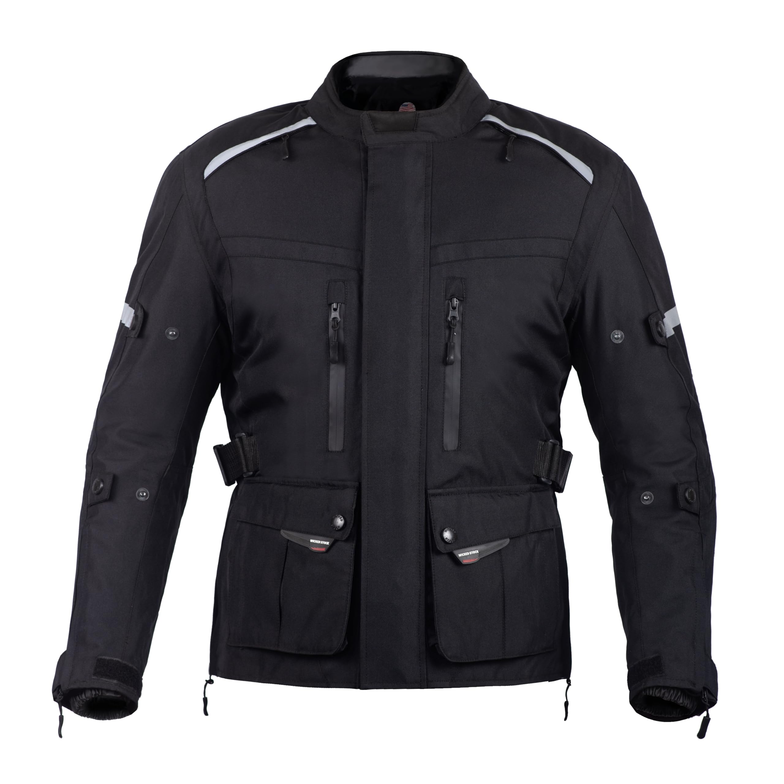WICKED STOCK CE Level 2 Certified Waterproof Motorcycle Jacket for Men - Reflective Armored Biker Jacket with 8 Pockets & Adjustable Biceps, Forearms & Waist - 4 Season Riding Gear for Commuting, Touring & Adventure Motorcycling