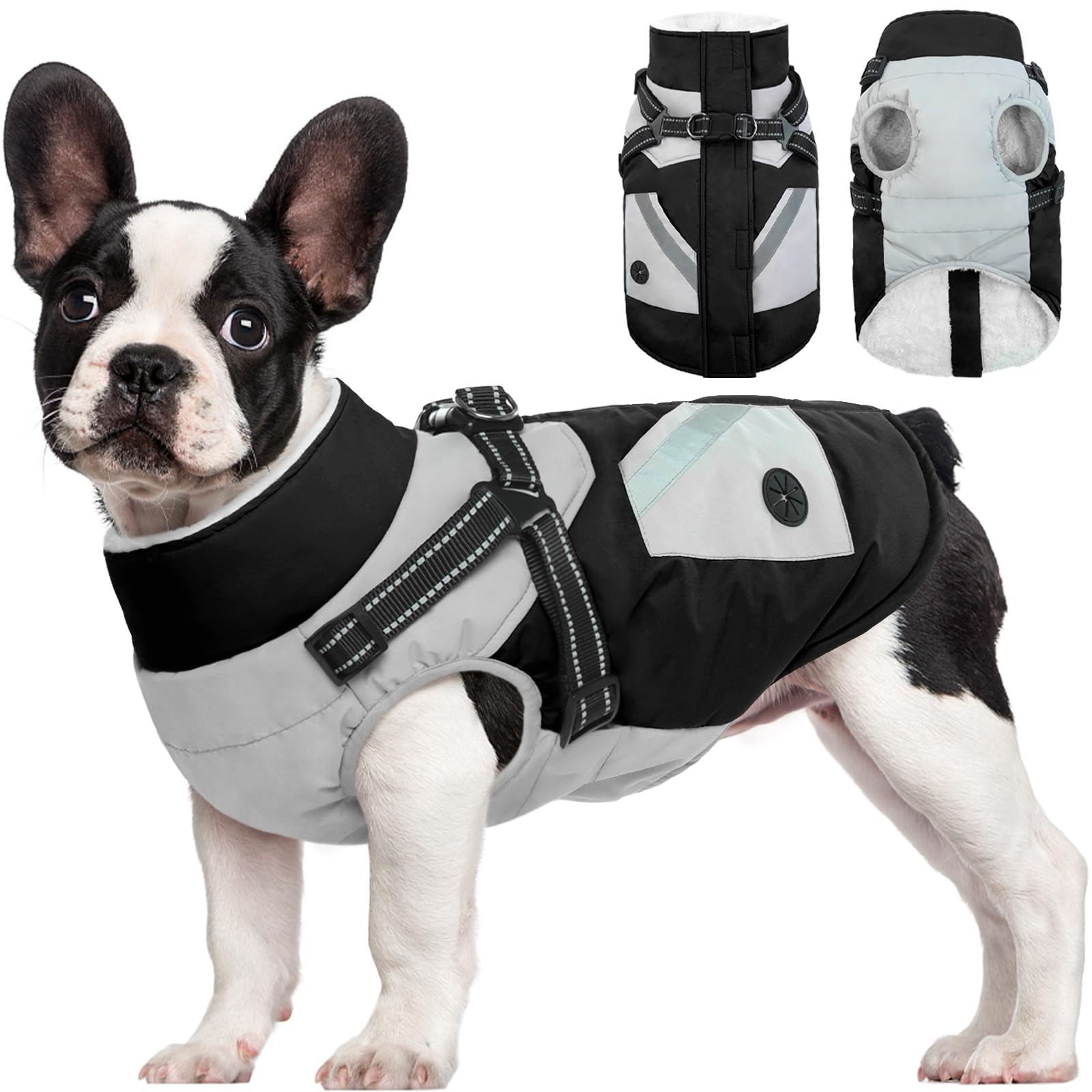 **FUAMEY Waterproof Reflective Dog Jacket with Built-in Harness & Zipper Back - Winter Snowsuit Coat for Medium Dogs, Black - Perfect for Outdoor Walks, Hiking & Cold Weather Protection**