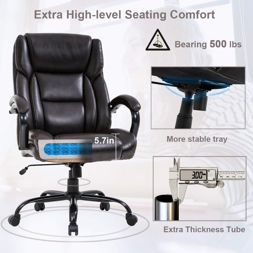 Big and Tall Office Chair 500lbs Capacity - Extra Wide Seat Ergonomic Computer Desk Chair with Adjustable Lumbar Support & Armrests - High Back Executive Swivel Rolling Chair for Heavy People - Perfect for Home Office, Gaming & Workspaces (Brown)