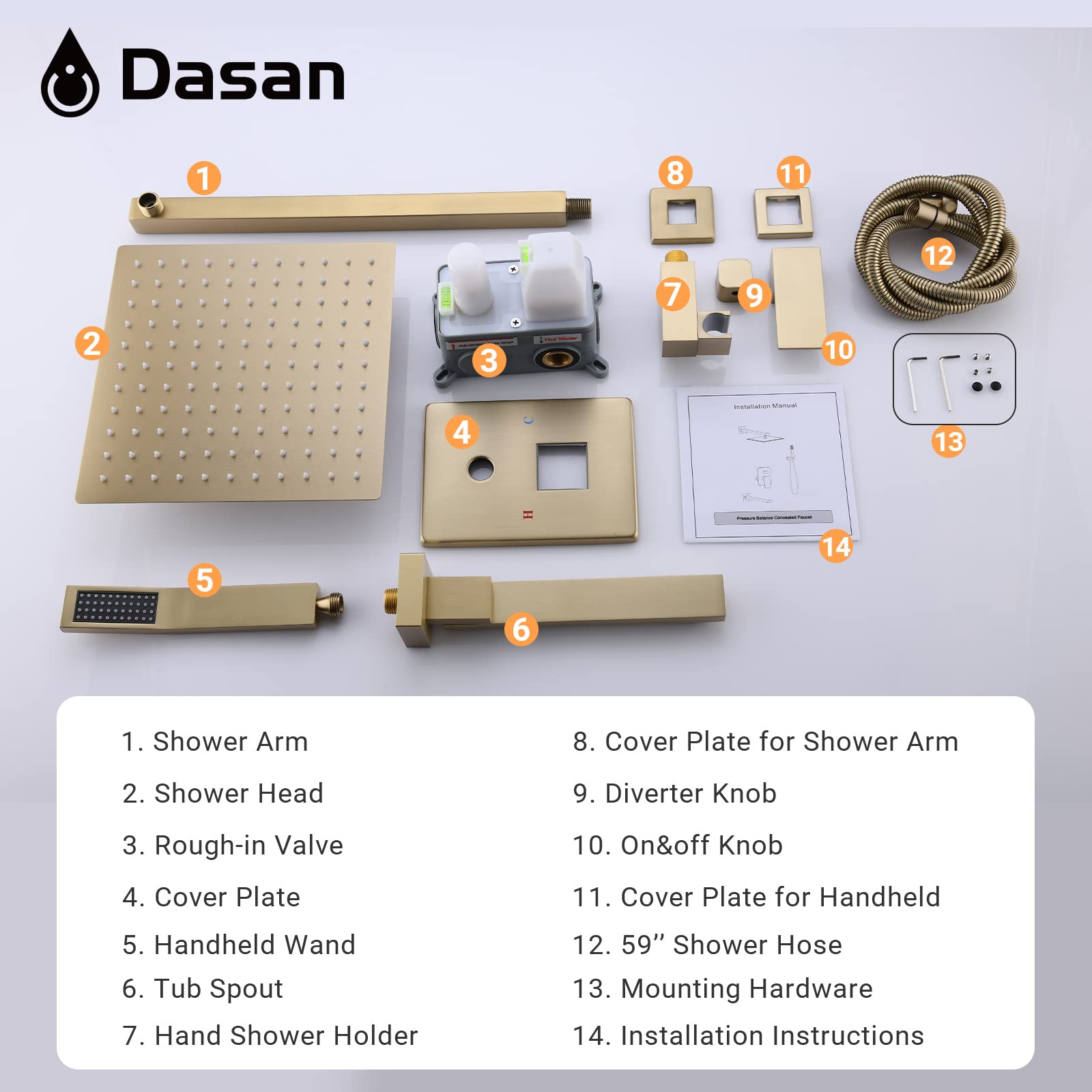 Brushed Gold Bathtub Shower Faucet Set - Complete Tub and Shower System with Spout, Trim Kit & Rough-in Valve (DA-SS03BG-S10W) for Bathroom Renovation & Luxury Spa Experience