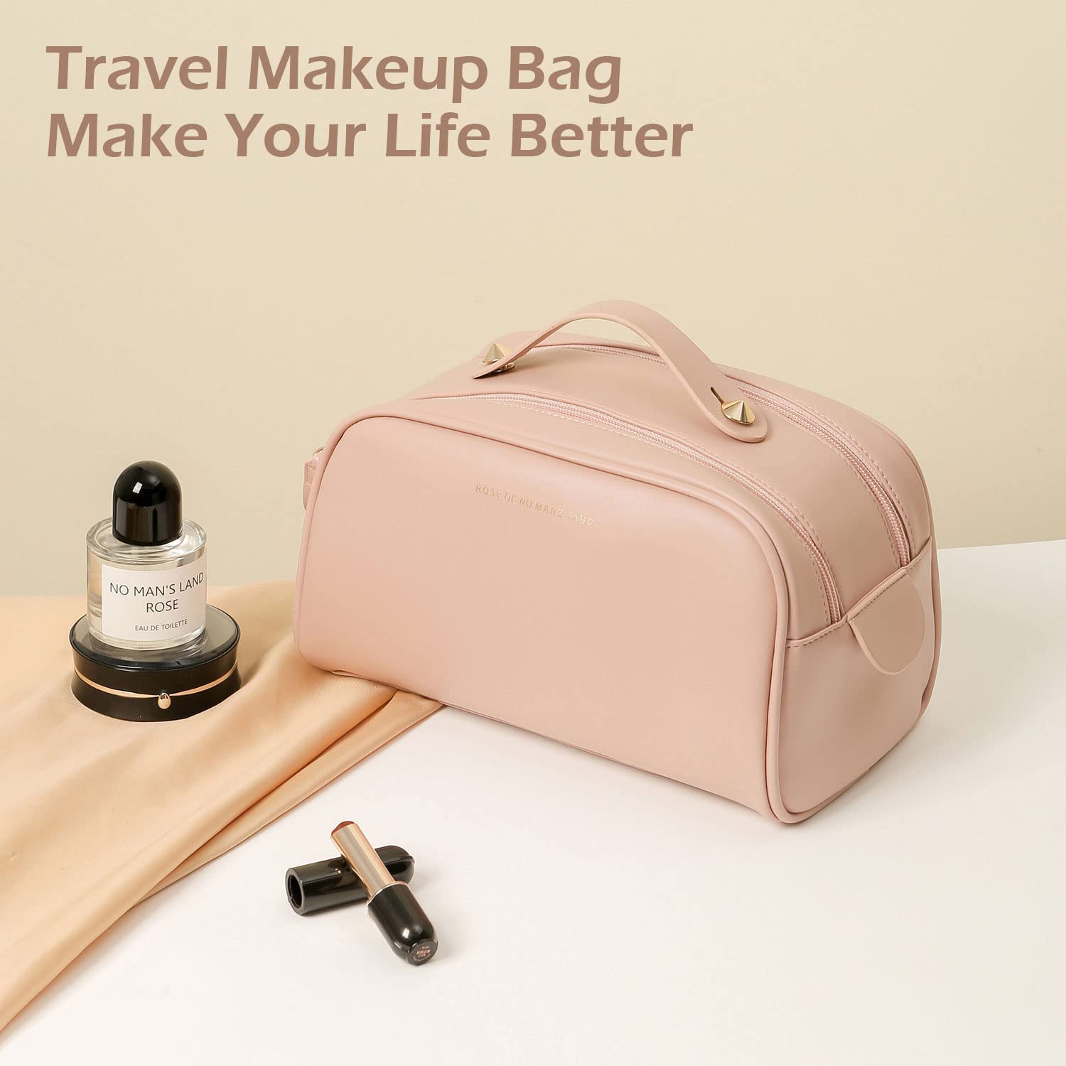 Deoxys Large Capacity Waterproof Leather Makeup Bag with Handle - Travel Cosmetic Organizer for Women & Girls - Perfect for Airplane Carry-on, Gym Essentials & Weekend Getaways