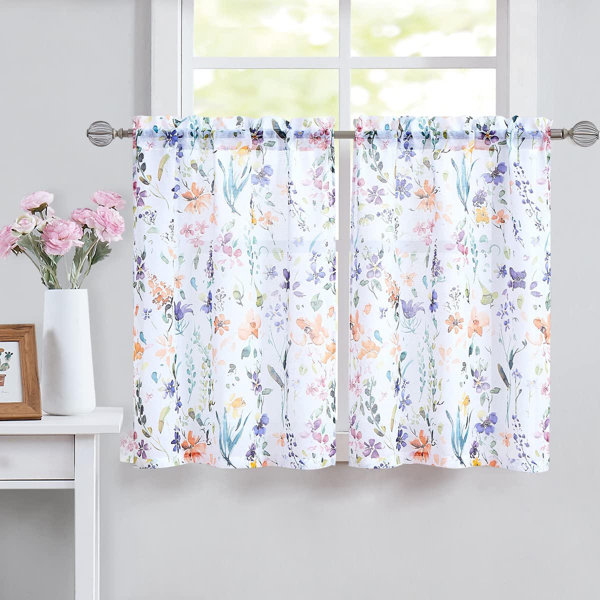 Fragrantex Purple Floral Print Kitchen Curtains - 2 Panels, 28