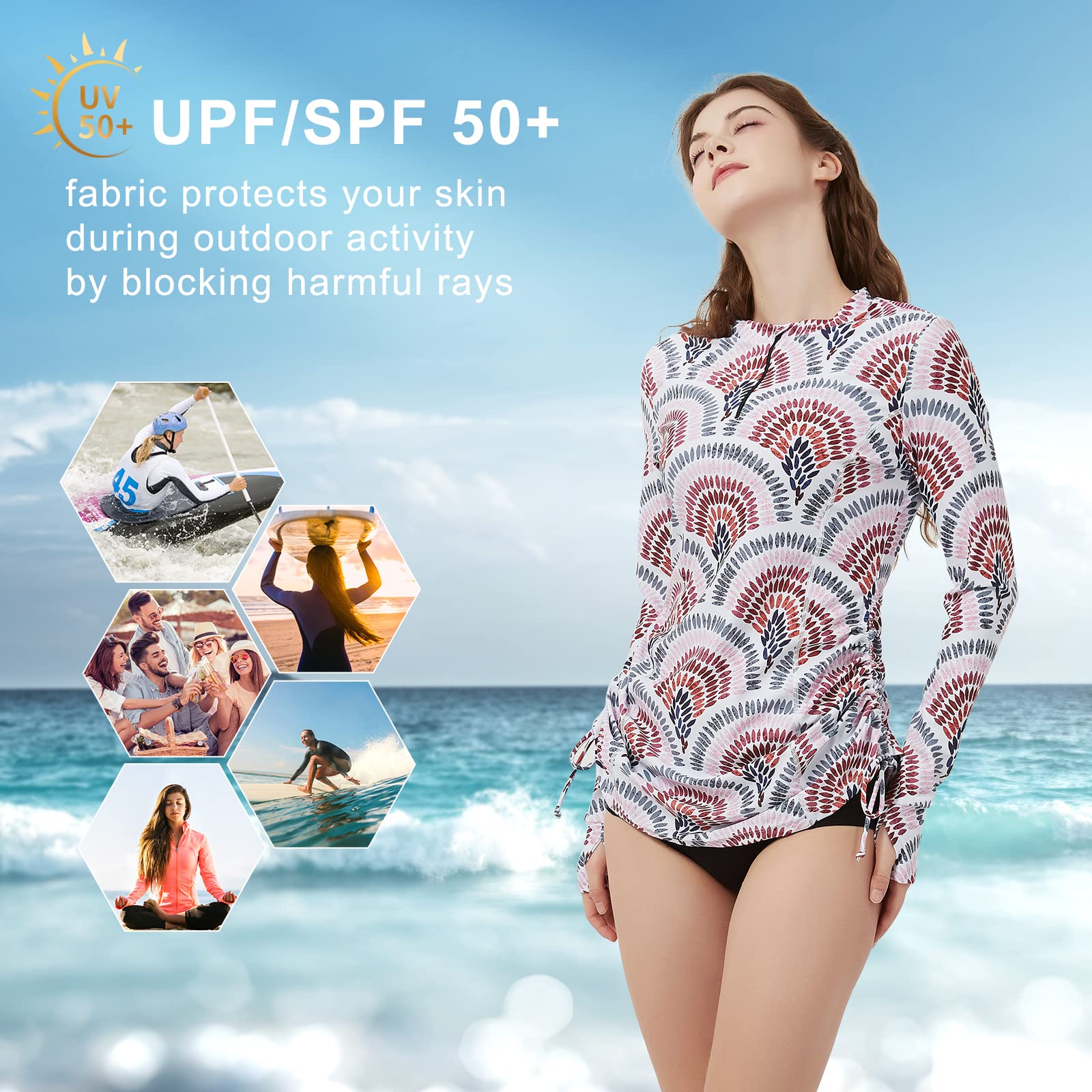 Women's Long Sleeve Rash Guard UPF 50+ Sun Protection Swim Shirt - Half Zip Adjustable Swimsuit Top for Surfing, Swimming & Beach Activities