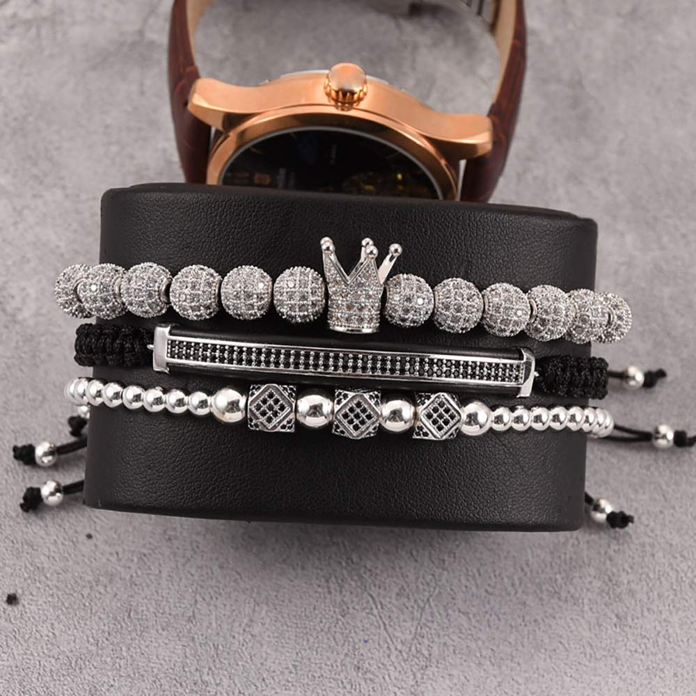 WFYOU Imperial Crown Bracelets for Men - 18kt Gold Plated Cubic Zirconia Beaded Cross Charm Bracelet - Luxury Jewelry Gift for Him - Perfect for Weddings, Anniversaries & Special Occasions