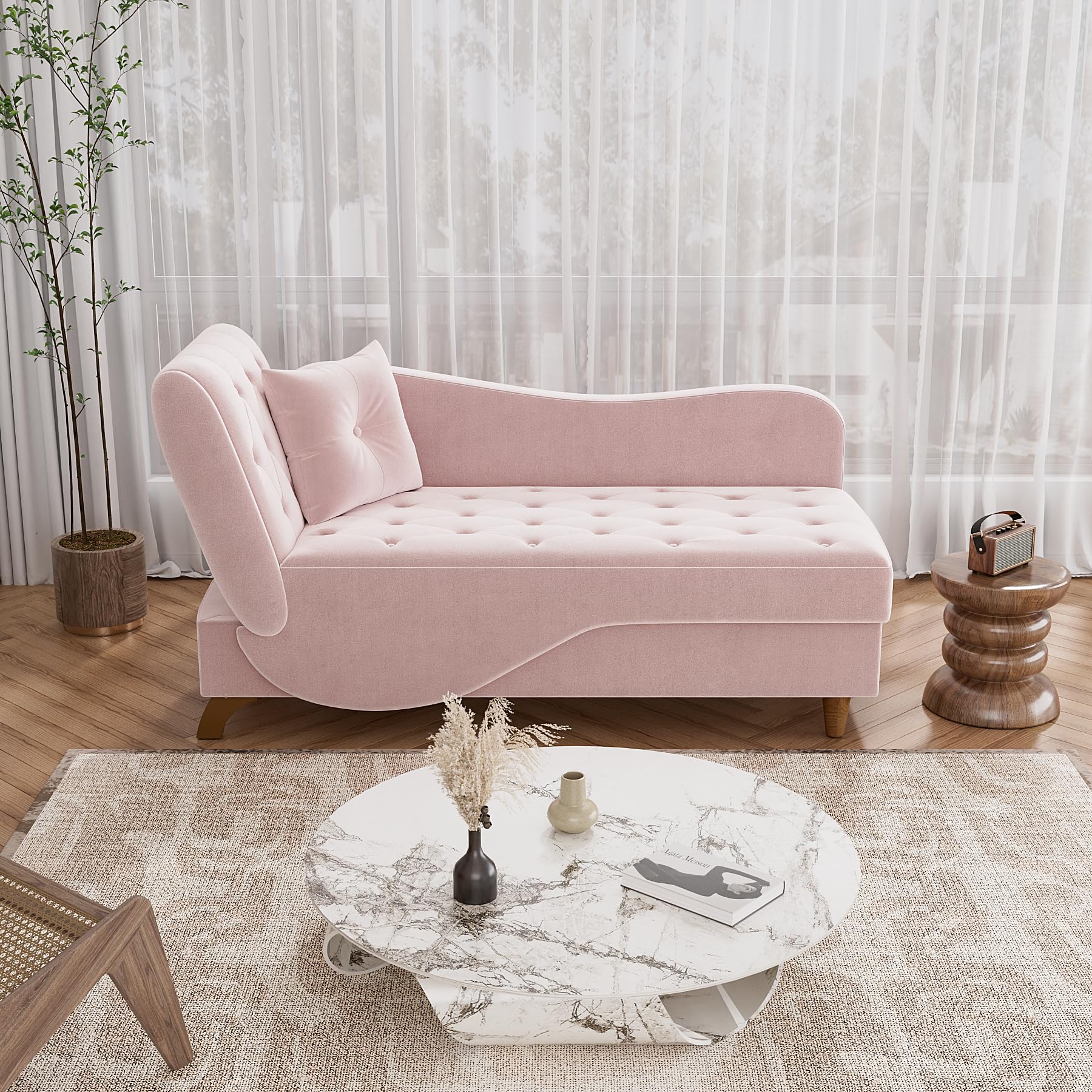 3 in 1 Velvet Chaise Lounge Chair with Storage - Adjustable Armrest Recliner, Sleeper Sofa Bed with Pillow - Pink Futon for Living Room & Bedroom - Perfect for Reading, Napping & Small Space Living