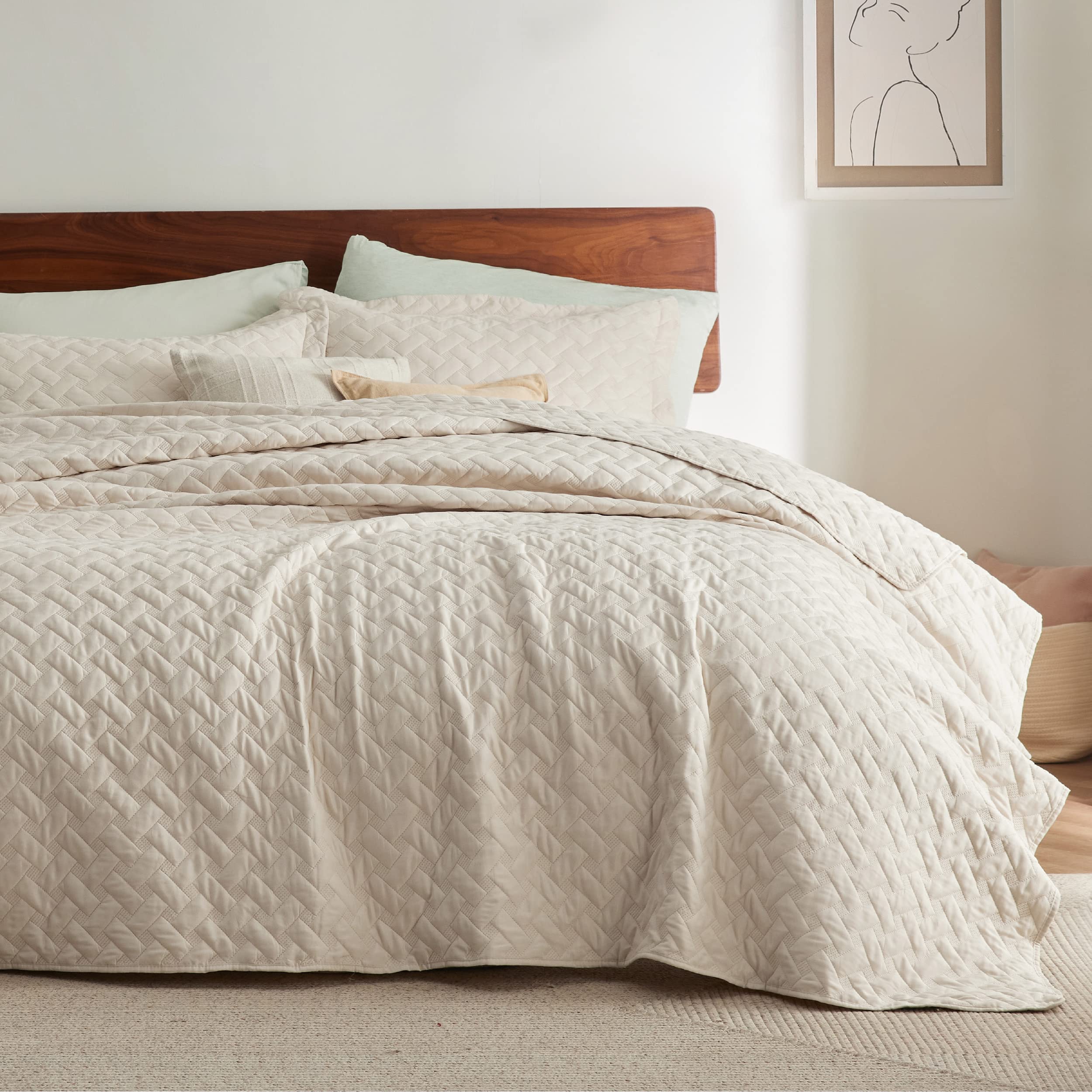 Bedsure Queen Size Lightweight Quilt Bedspread - Soft Basket Weave Pattern Comforter Set with 2 Pillow Shams, Beige All-Season Bedding for Cozy Home & Guest Room Decor