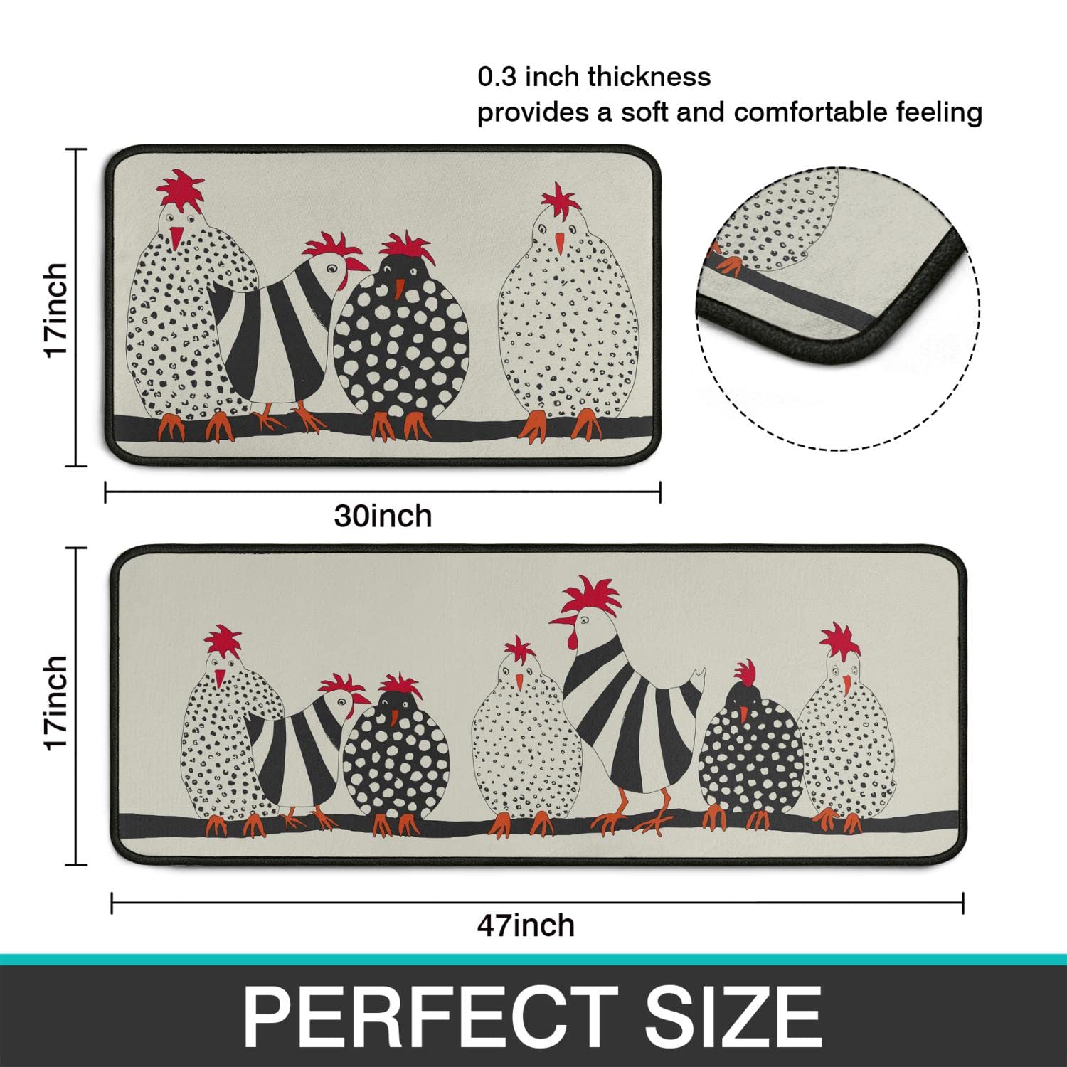 Rooster Farmhouse Kitchen Rugs Set of 2 - Non-Slip Low-Profile Floor Mats for Home Decor, 17