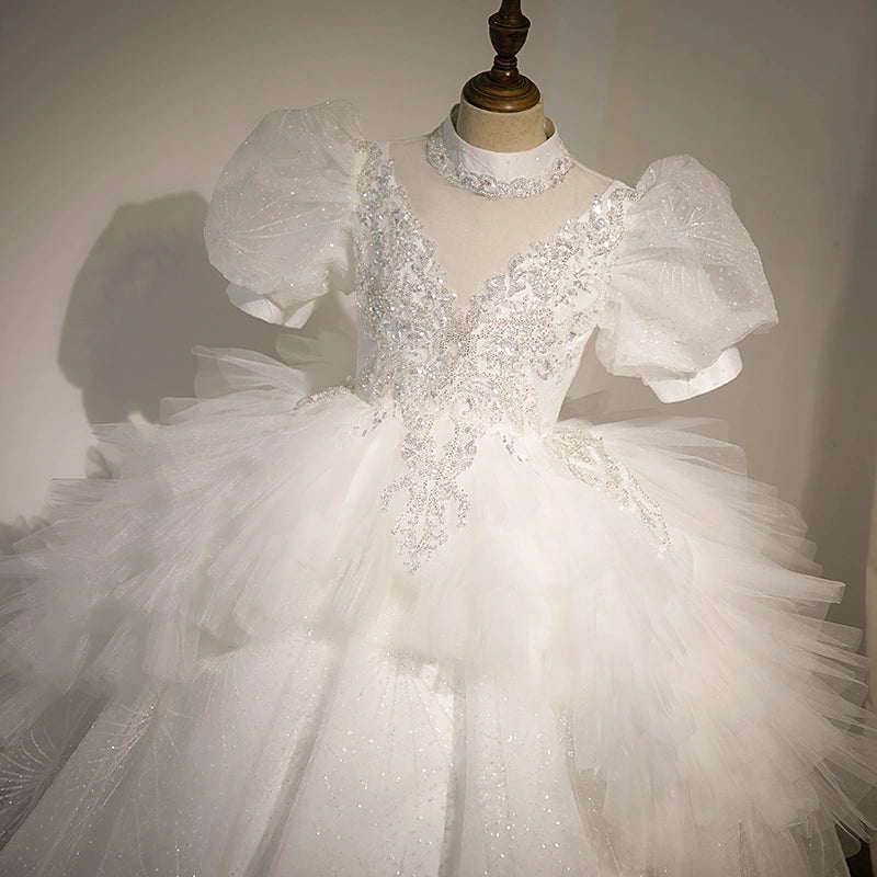 Elegant White Princess Mock Neck Floor-Length Tulle Flower Girl Dress for Weddings & Special Occasions