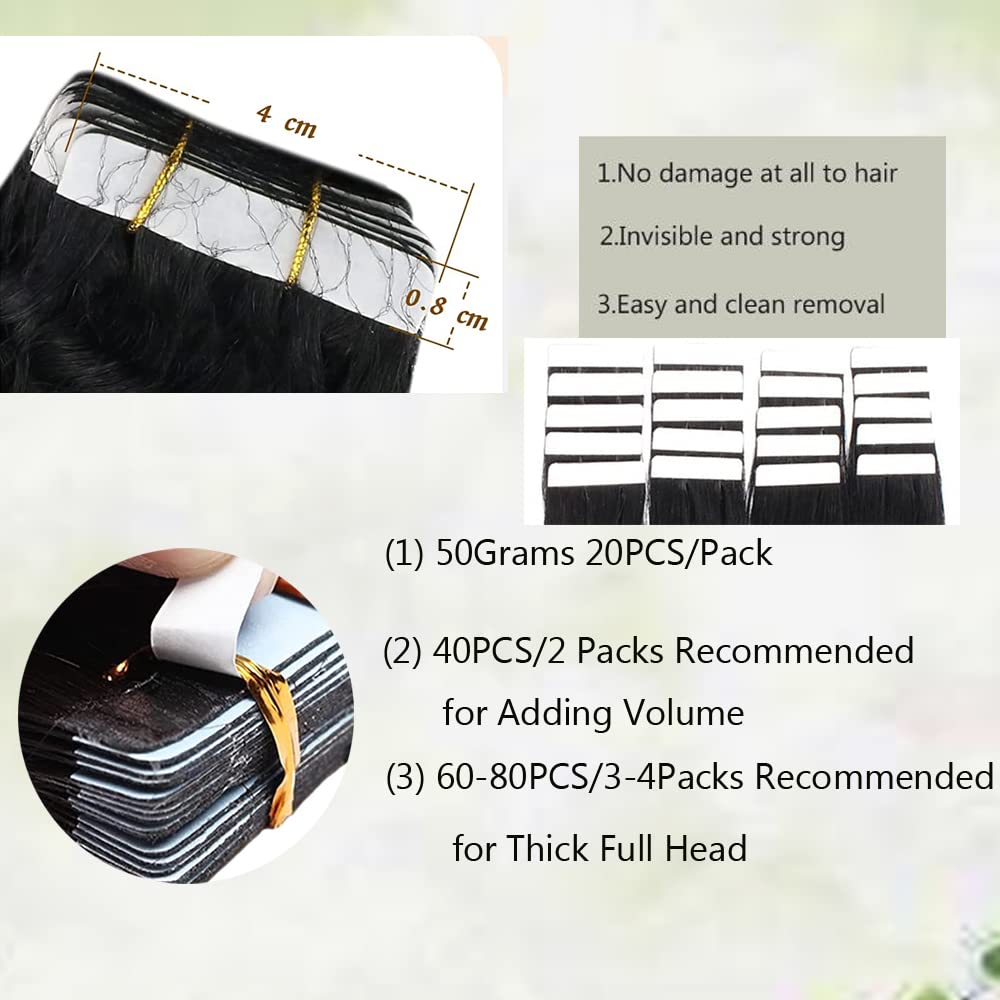 Black Kinky Curly Tape-In Hair Extensions 20 Inch 20PCS - 100% Real Human Hair #1B, Double Skin Weft with Thick Ends for Black Women | Perfect for Protective Styling, Weddings & Everyday Glam