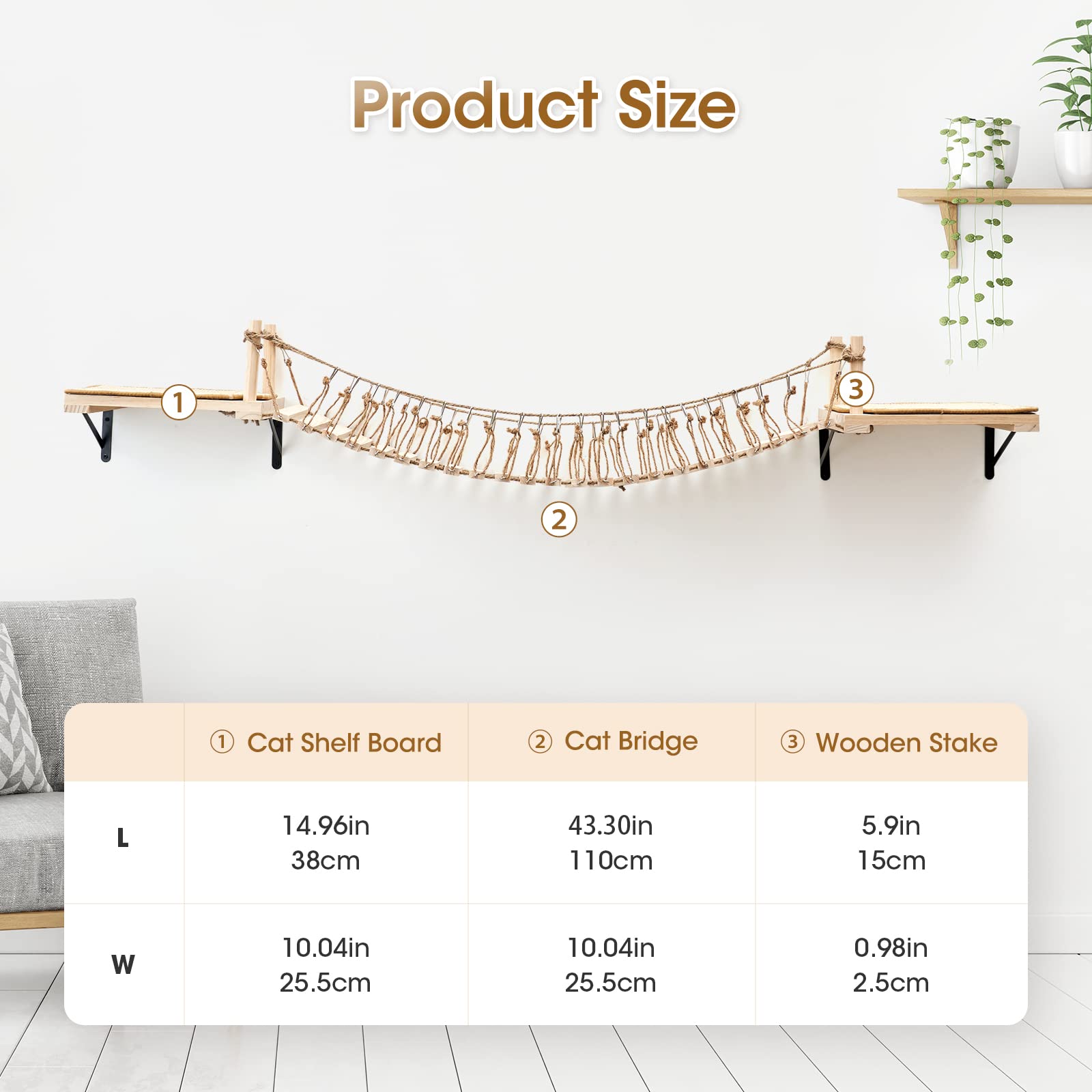 **Wall-Mounted Cat Rope Bridge & Shelves - Wooden Cat Wall Furniture for Indoor Cats, Climbing, Sleeping & Play - Includes Sisal Scratch Mat - Perfect for Small Spaces & Cat Enrichment**