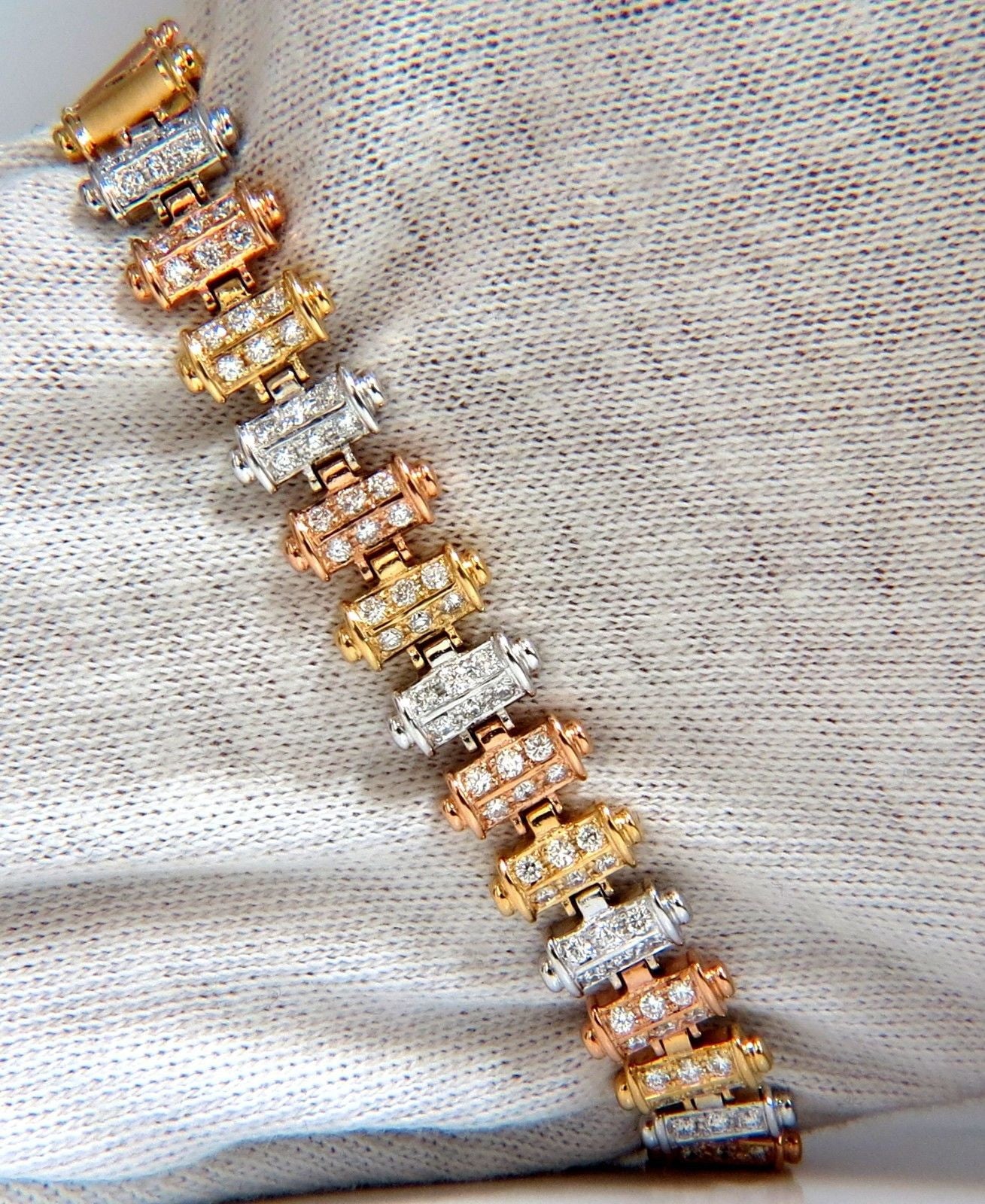 1.50CT Diamond Bar Link Tri-Color 18K Gold Bracelet with Satin Brush Finish - Elegant Jewelry for Women, Perfect for Parties, Weddings & Special Occasions