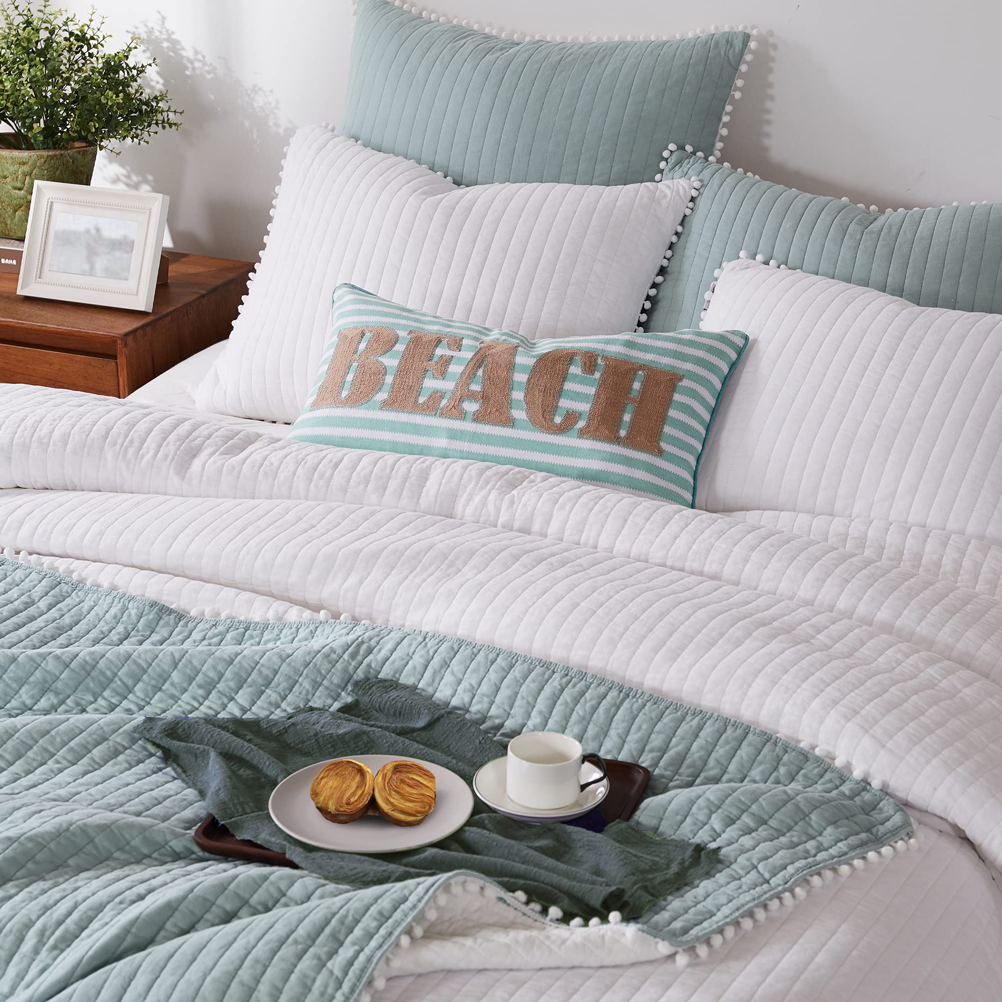 Levtex Home Pom Pom Blue Haze Full/Queen Quilt - 100% Cotton Bedding Set for Cozy Comfort | Perfect for Master Bedroom, Guest Room & Dorm Decor