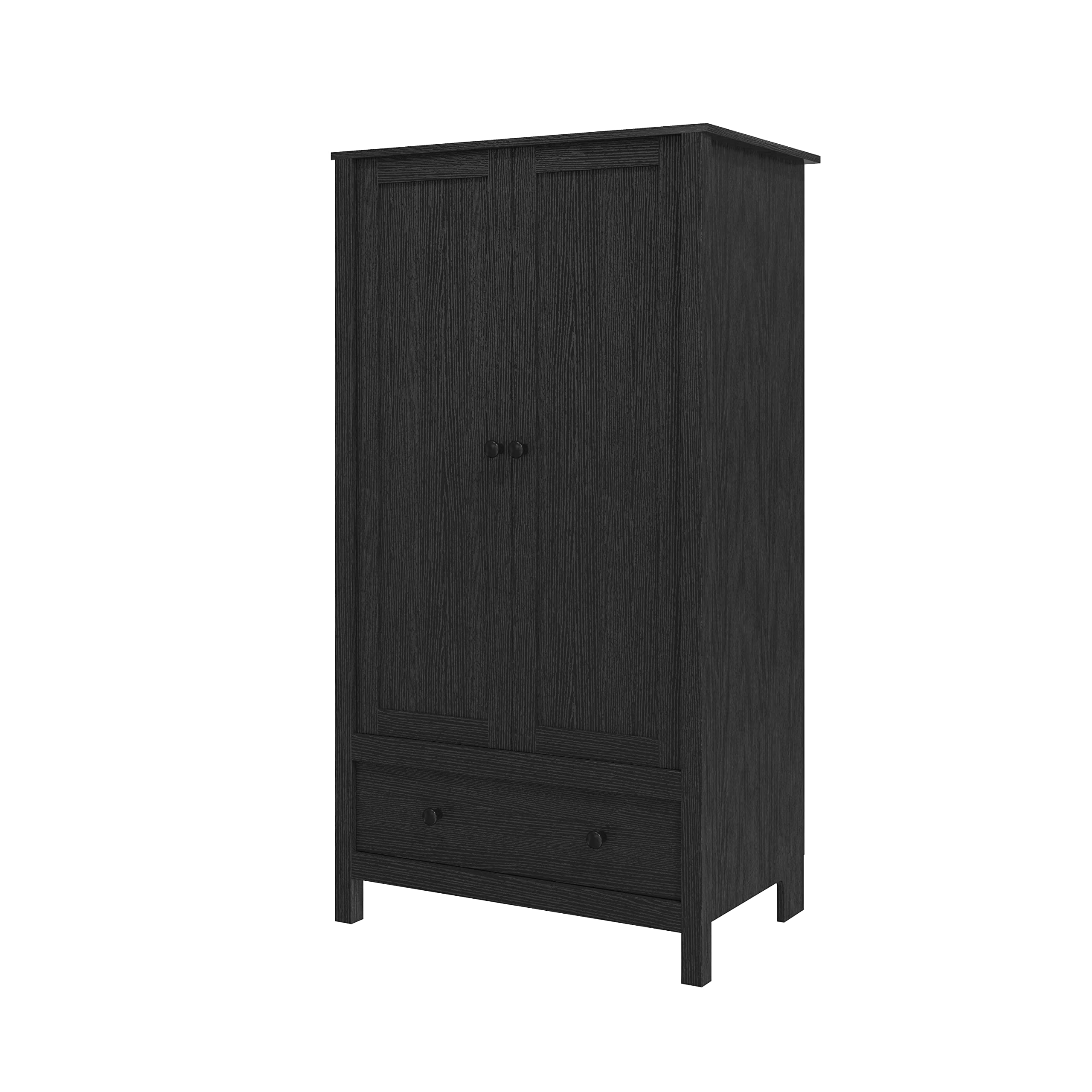 Panana 2 Door Wardrobe Closet with Drawer - Black Wooden Armoire for Bedroom Storage | Perfect for Organizing Clothes, Shoes & Accessories in Master Bedroom, Guest Room or Dorm