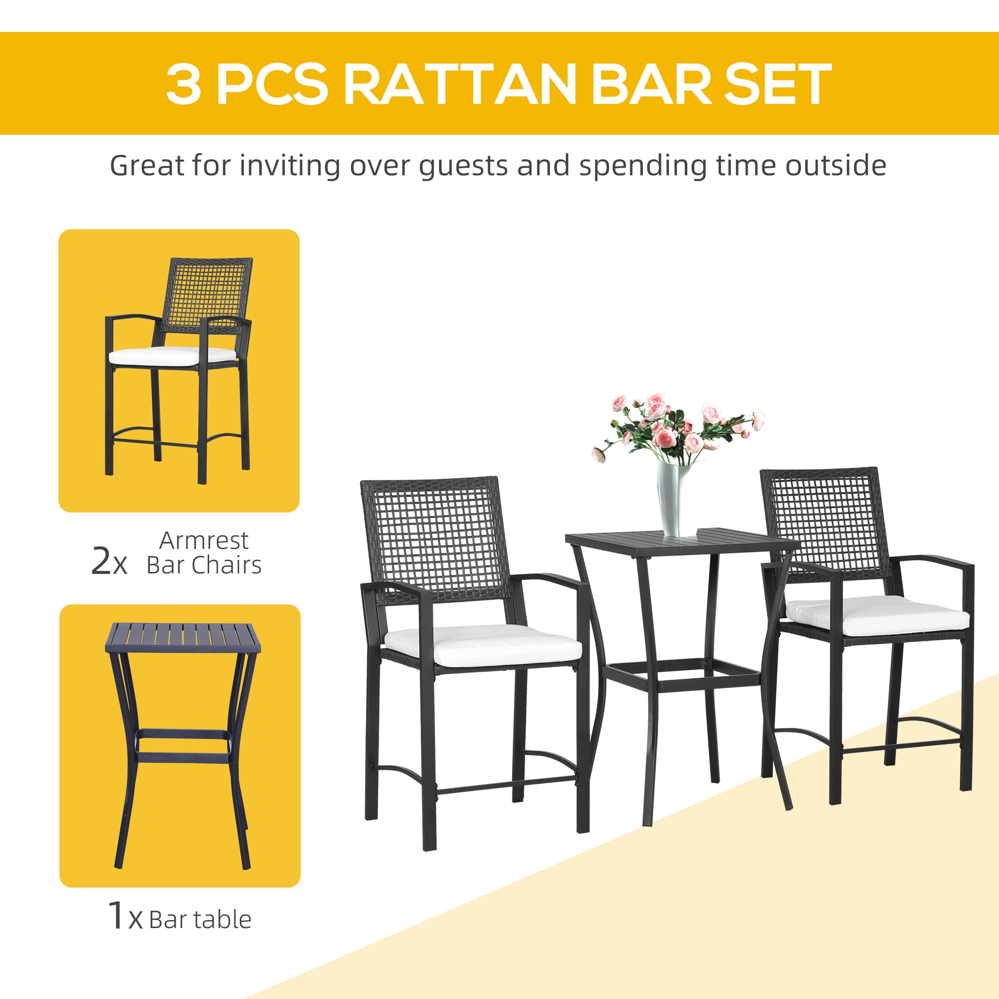 Outsunny 3-Piece Patio Bar Set with Soft Cushions - Rattan Wicker Outdoor Furniture for Backyard, Lawn, Deck & Poolside - Perfect for Entertaining, Lounging & Outdoor Dining