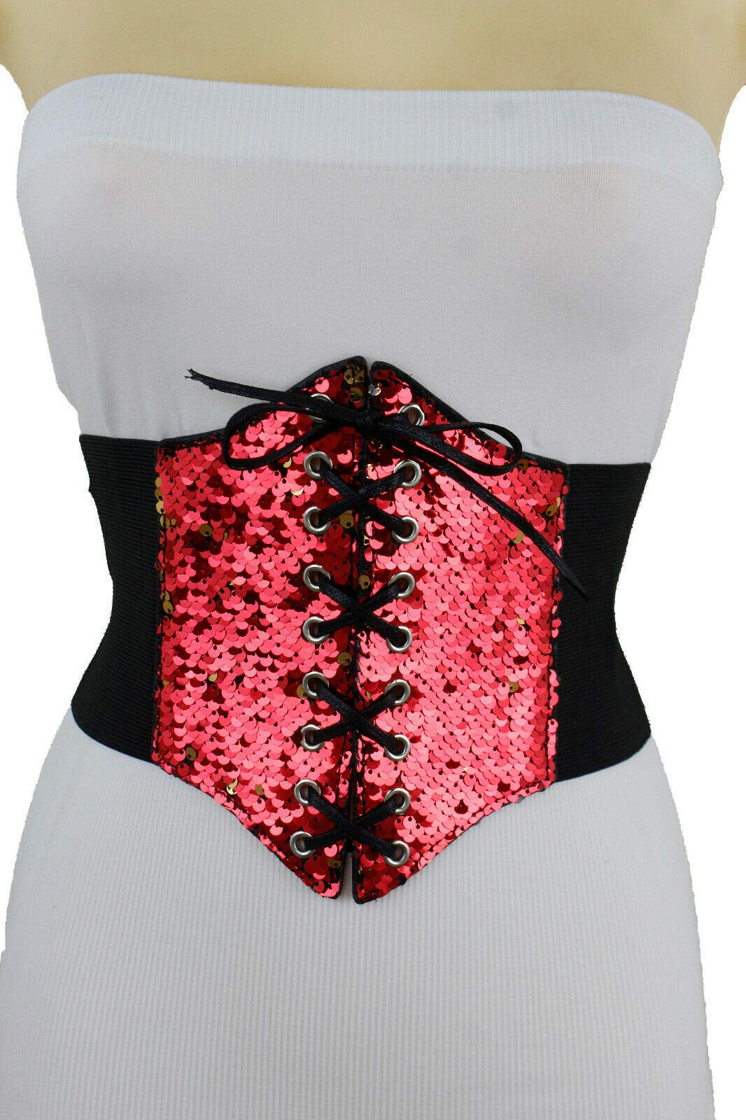 Women's Wide Elastic Corset Belt with Bling - High Waist Red & Gold Sequins - Size S/M - Perfect for Waist Training, Costume Parties & Burlesque Outfits