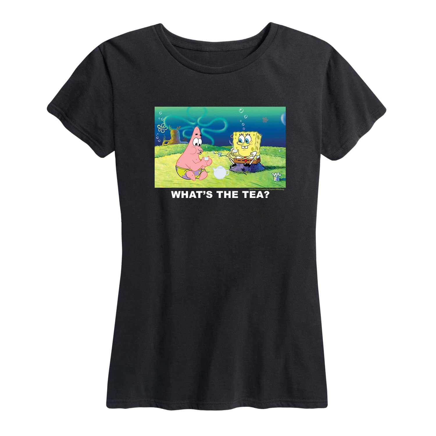 HYBRID APPAREL Women's Spongebob Squarepants 'What's The Tea' Graphic T-Shirt - Short Sleeve Casual Tee for Everyday Wear, Anime Fan Gift, Funny Pop Culture Outfit