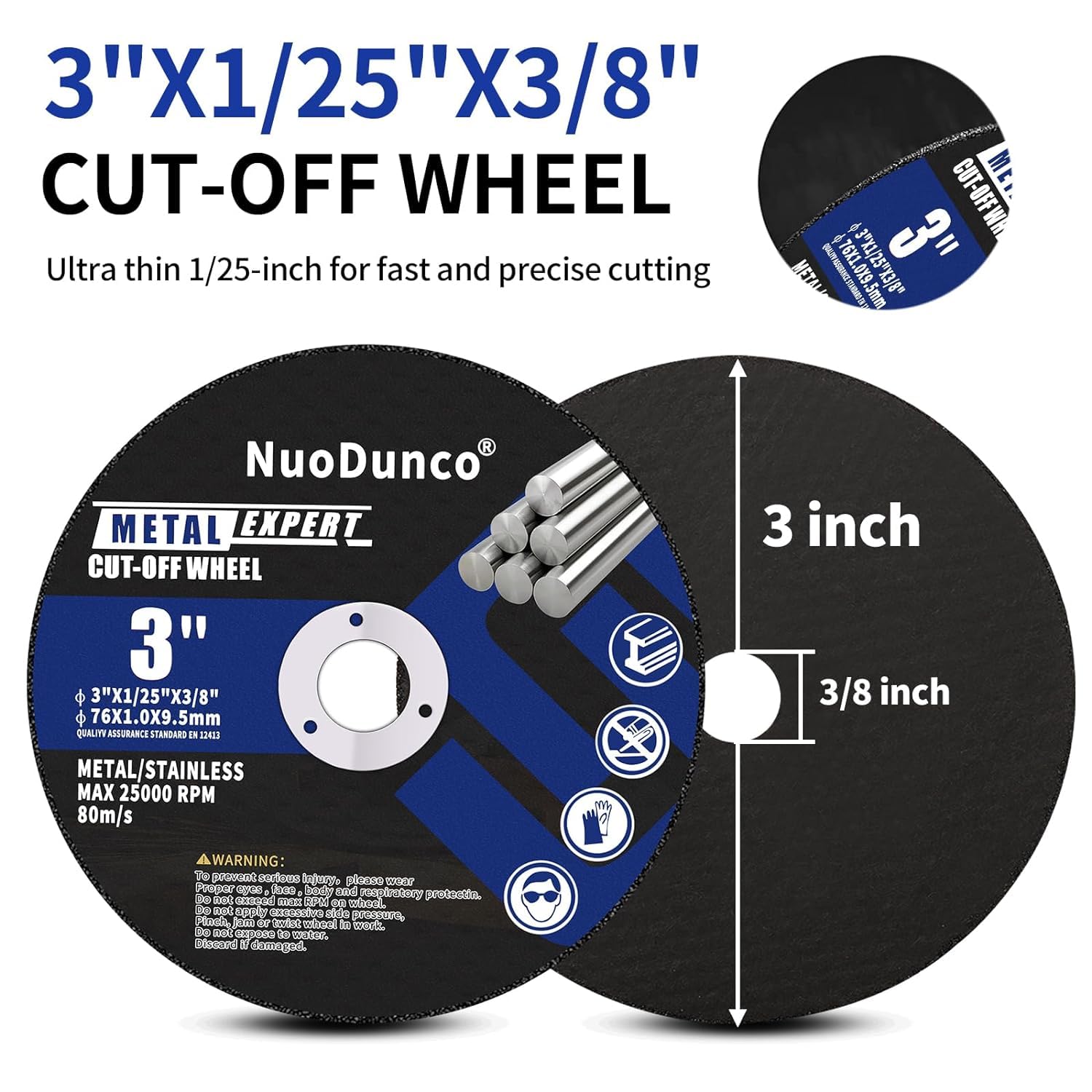 NuoDunco 10-Pack 3-Inch Cut Off Wheels for Die Grinder – 3” x 1/25” x 3/8” Metal & Stainless Steel Cutting Discs with 1/4