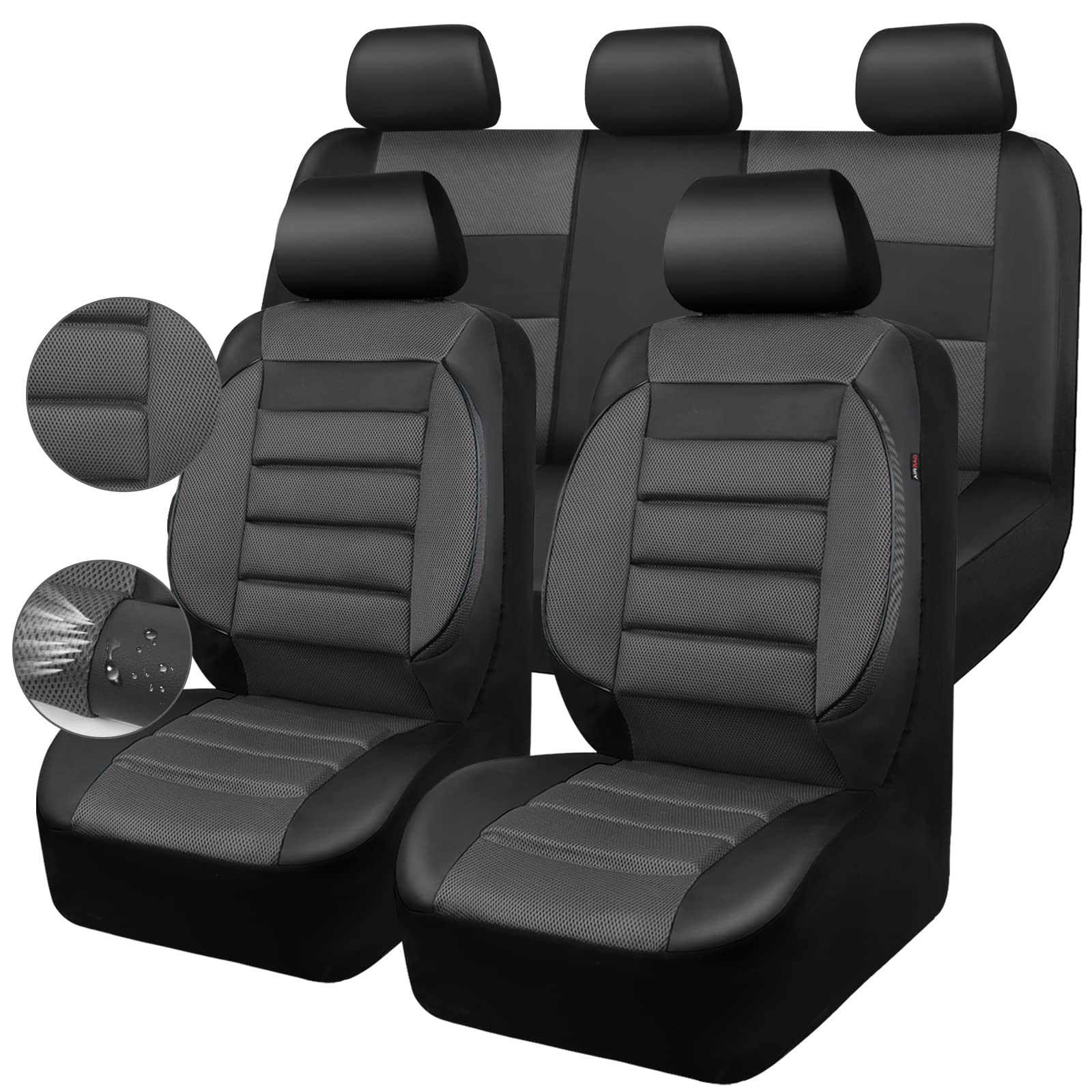 Premium 3D Foam Back Support Leather Car Seat Covers Full Set - Breathable Air Mesh Design for All Seasons | Universal Fit for Sedan, SUV, Van | Airbag Compatible & Ergonomic Support (Black Charcoal Gray) | Perfect for Long Drives, Commuting & Road Trips