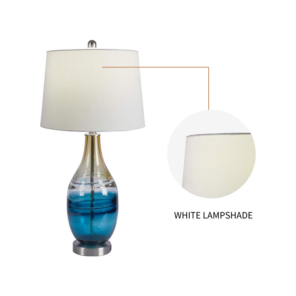 Modern Glass Table Lamps Set of 2 with USB Charging Port - 3-Way Dimmable Nightstand Lights for Bedroom & Living Room - ETL Certified Bedside Lamps with White Shade in Blue & Gold Finish - Perfect for Reading, Relaxing and Charging Devices