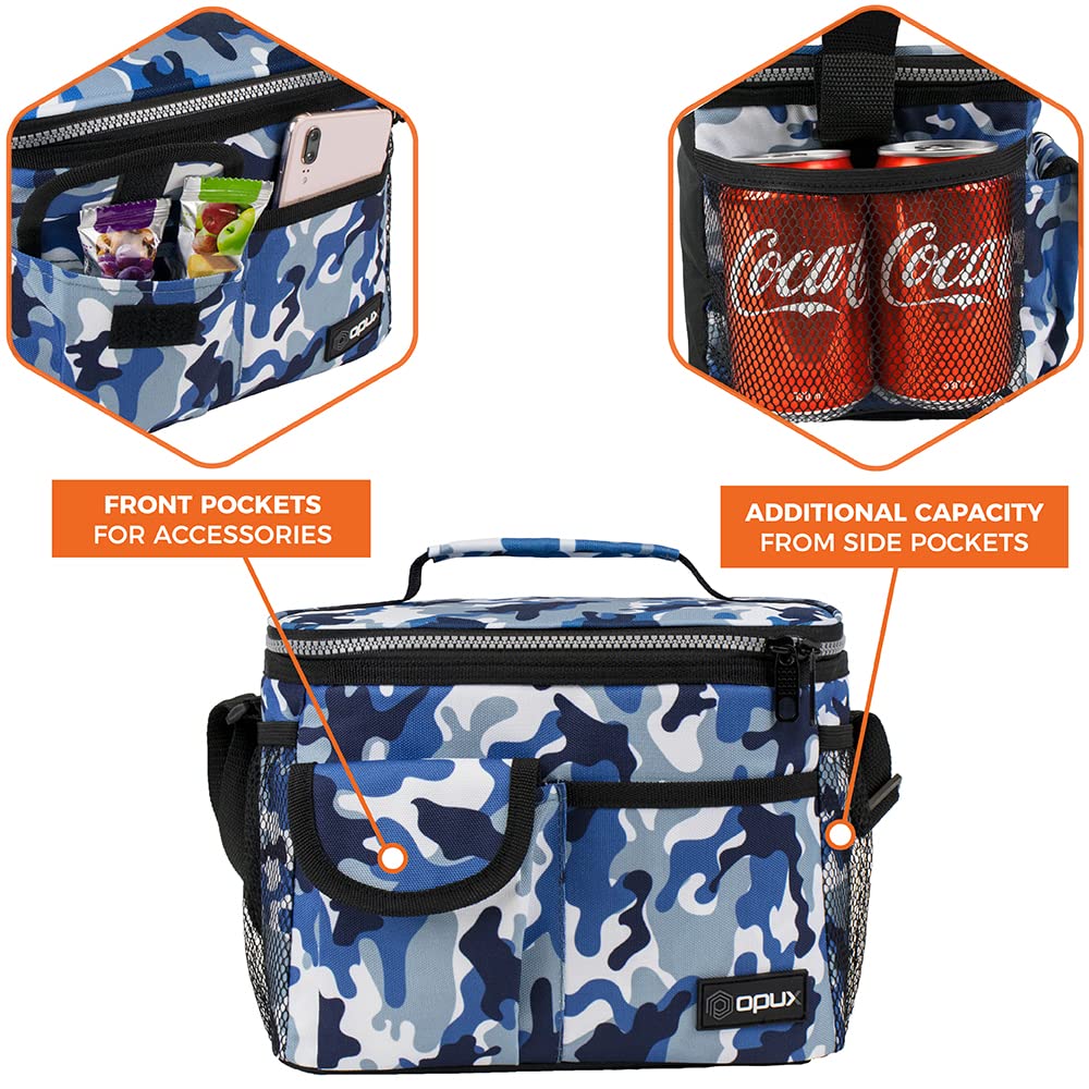 Opux Insulated Lunch Bag for Men & Women - Leakproof Camo Blue Lunch Box for Work, School & Picnics - Portable Soft Cooler Bag with Shoulder Strap - Adult & Kids Lunchbox Holds 14 Cans/8L - Perfect for Office, Hiking, Camping & Daily Commute