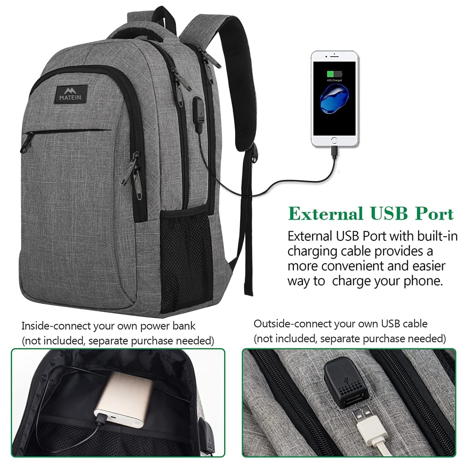 Matein Anti-Theft Travel Laptop Backpack with USB Charging Port - Water Resistant Business & College Backpack Fits 15.6 Inch Notebook - Perfect for Commuting, School & Work (Grey)