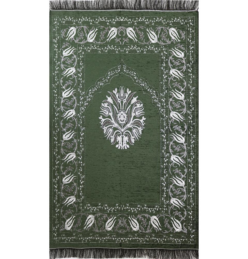 Soft Chenille Tulip Prayer Rug - Green Islamic Prayer Mat for Home, Mosque & Travel - Non-Slip Comfortable Muslim Prayer Carpet