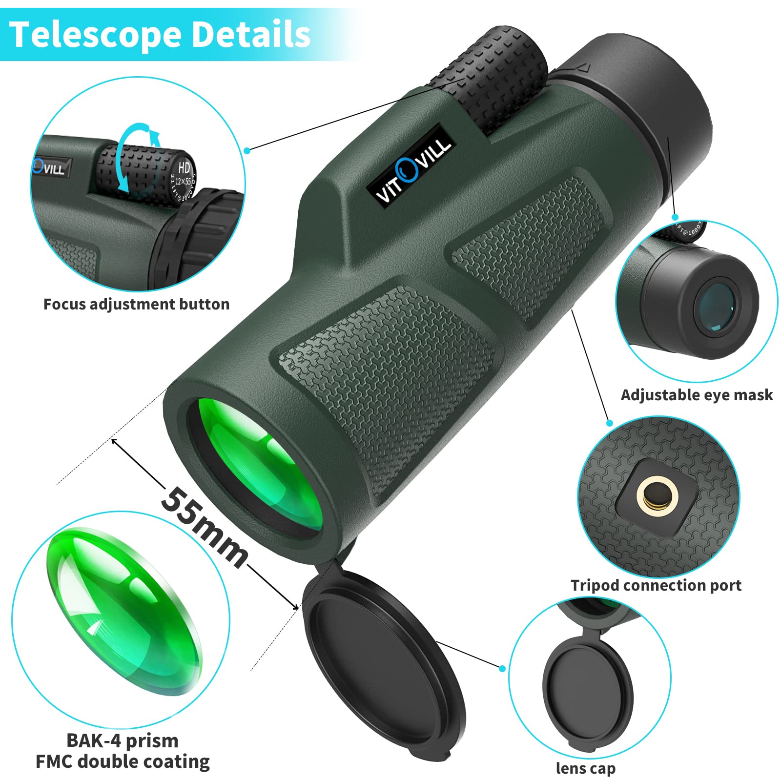 12x55 High Power Monocular Telescope for Adults - HD Zoom with Smartphone Adapter & Tripod, Waterproof & Fogproof, Lightweight for Hiking, Bird Watching, Hunting, Travel and Stargazing - Perfect Gift for Outdoor Enthusiasts