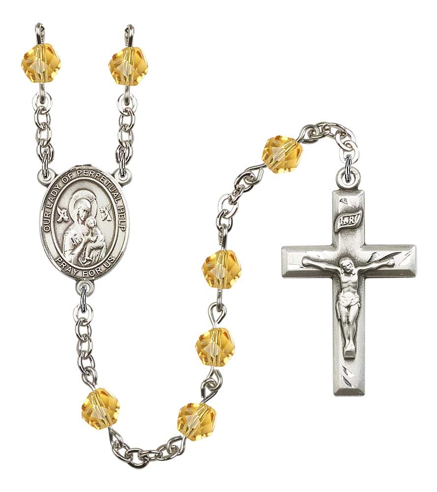 Silver Plated Rosary with 6mm Topaz Fire Polished Beads - 1 3/8 x 3/4 Inch Crucifix - Our Lady of Perpetual Help Medal Centerpiece | Perfect for Prayer, Meditation & Catholic Gifts