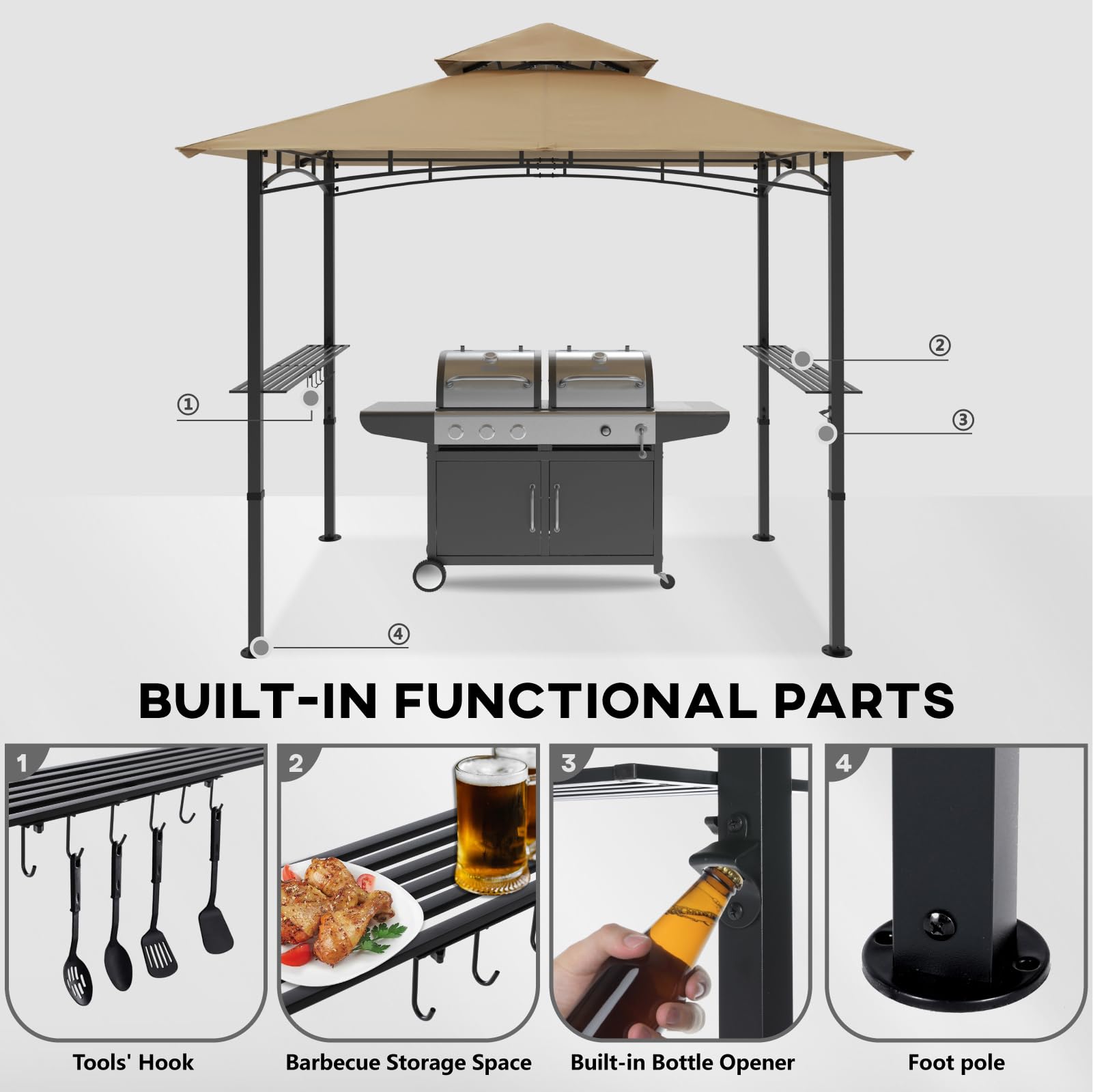 COOSHADE 8'x5' Outdoor BBQ Grill Gazebo with LED Lights - Double Tiered Canopy for Patio, Backyard & Camping (Khaki) | Perfect for Summer Cookouts, Garden Parties & Outdoor Dining