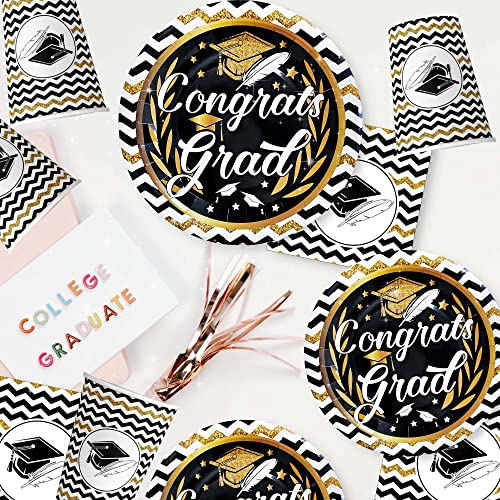 KatchOn 2025 Graduation Party Plates & Napkins Set - 44-Pack Black & Gold Congrats Grad Decorations for Commencement Celebrations | Perfect for Graduation Ceremonies, Open Houses & Senior Parties