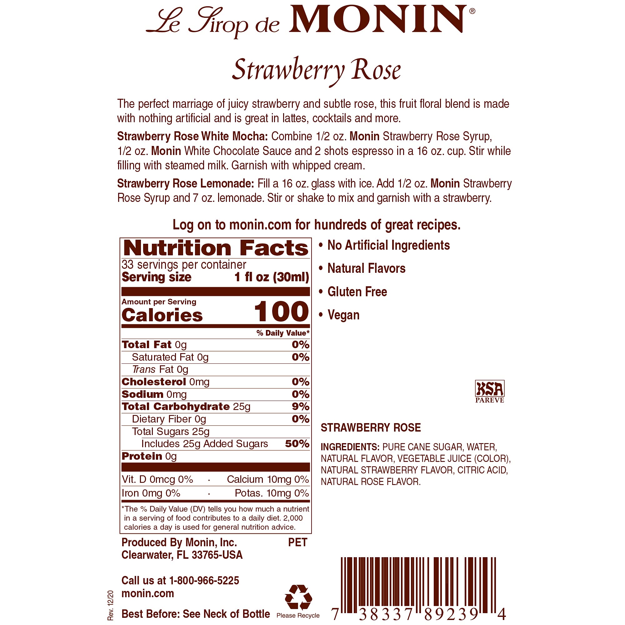 Monin Strawberry Rose Syrup - Natural Flavoring for Coffee, Lattes, Teas, Cocktails & More | 1L Bottle | Perfect for Home Barista, Cafe Drinks & Cocktail Mixing