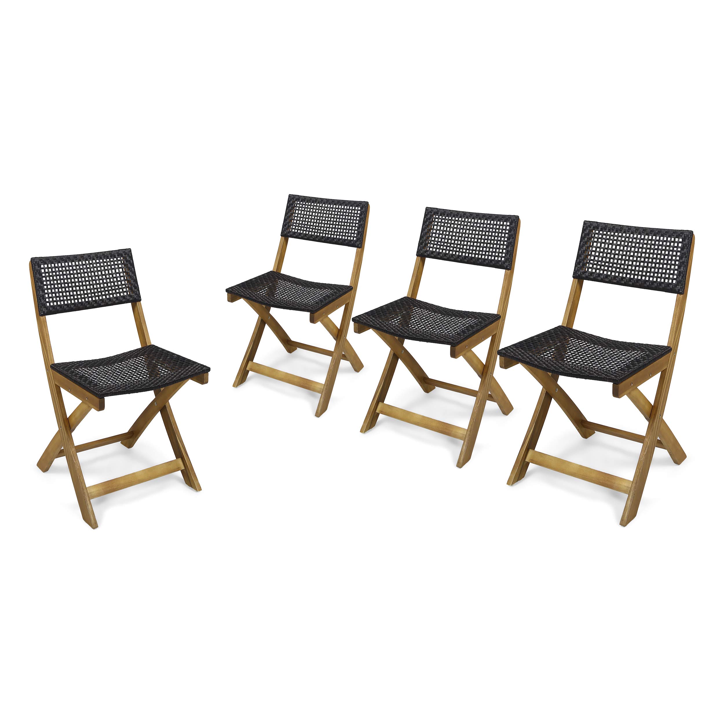 Premium Acacia Wood Folding Bistro Chairs with Woven Wicker Seats (Set of 4) - Weather-Resistant Outdoor Patio Furniture in Teak Finish & Brown - Perfect for Garden, Poolside, and Restaurant Dining