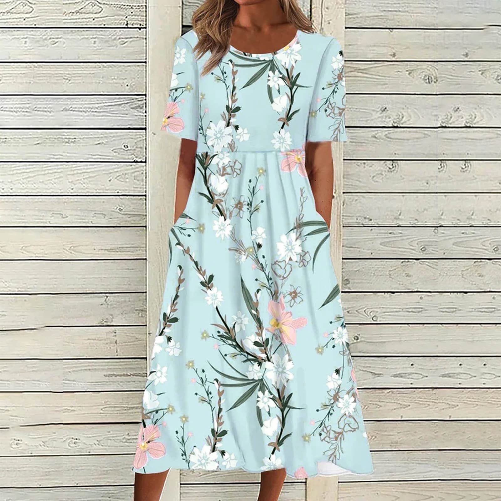 2025 Plus Size Tshirt Dresses for Women - Flowy Pleated Long Boho Floral Short Sleeve Casual Loose Sundress | Perfect for Summer Outings, Beach Vacations & Boho Chic Style