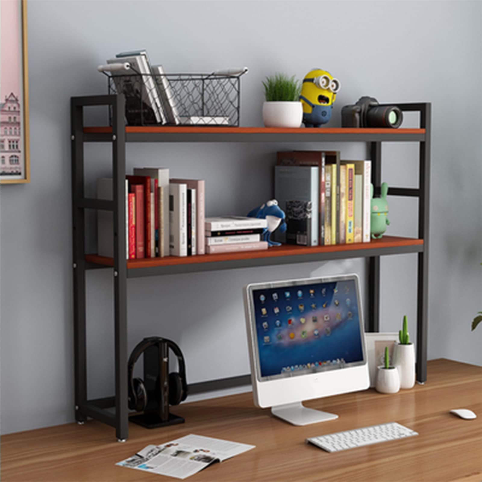 FPIGSHS 2 Tier Adjustable Wooden Desktop Bookcase - 115CM Multi-Purpose Shelf Organizer for Office, Home & Dorm | Perfect for Books, Decor & Workspace Storage