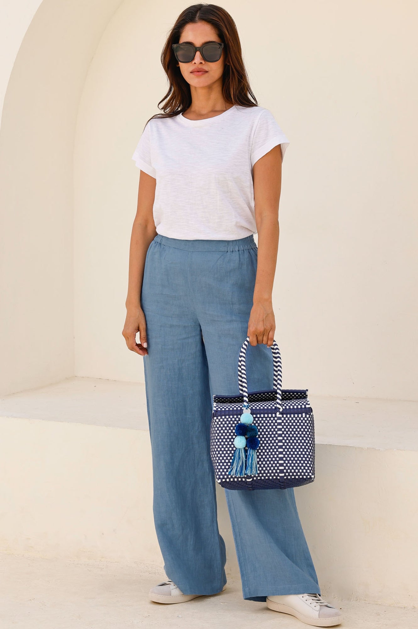 Breathable Wide Leg Linen Pants for Women - Lightweight Summer Casual Trousers in Blue & Grey | Perfect for Beach, Vacation and Boho Style Outfits