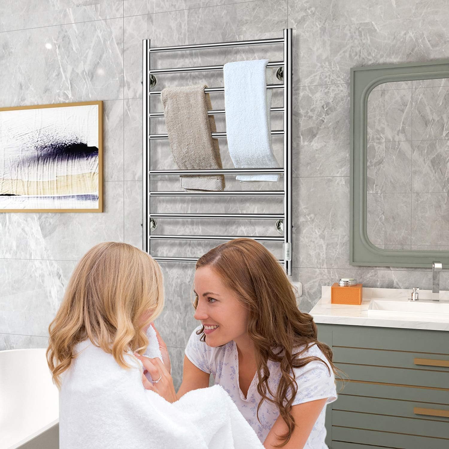 JSLOVE Stainless Steel Heated Towel Warmer - 10 Bar Wall Mounted Towel Rack with Built-in Timer, Plug-in or Hardwired Installation, Brushed Silver Finish | Perfect for Bathroom, Spa, Gym & Luxury Home Use